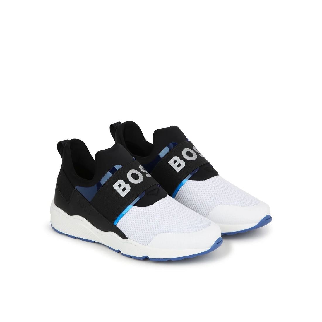 BOSS Kids black and white slip-on sneakers featuring a stylish logo print and a comfortable round toe design. Crafted from premium mesh and leather, these sneakers ensure easy wear with a durable rubber sole for grip during active play. Perfect for young trendsetters looking for both style and comfort, available at Lestyle Boutique Melbourne.
