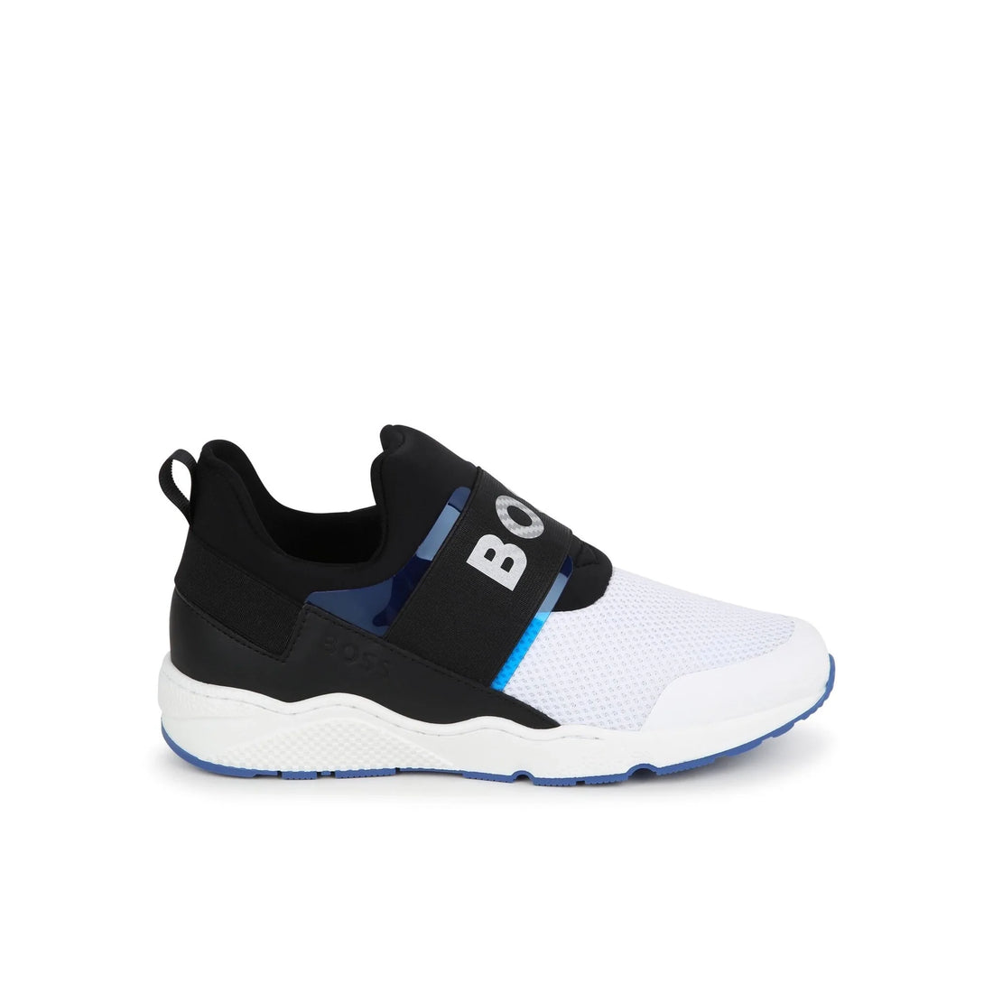 BOSS Kids black and white slip-on sneakers featuring a stylish logo print and a comfortable round toe design. Crafted from premium mesh and leather, these sneakers ensure easy wear with a durable rubber sole for grip during active play. Perfect for young trendsetters looking for both style and comfort, available at Lestyle Boutique Melbourne.