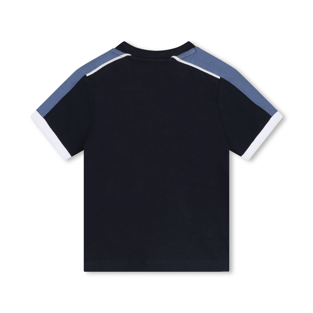 BOSS Kidswear navy blue panelled logo-print T-shirt, available at Lestyle Boutique.