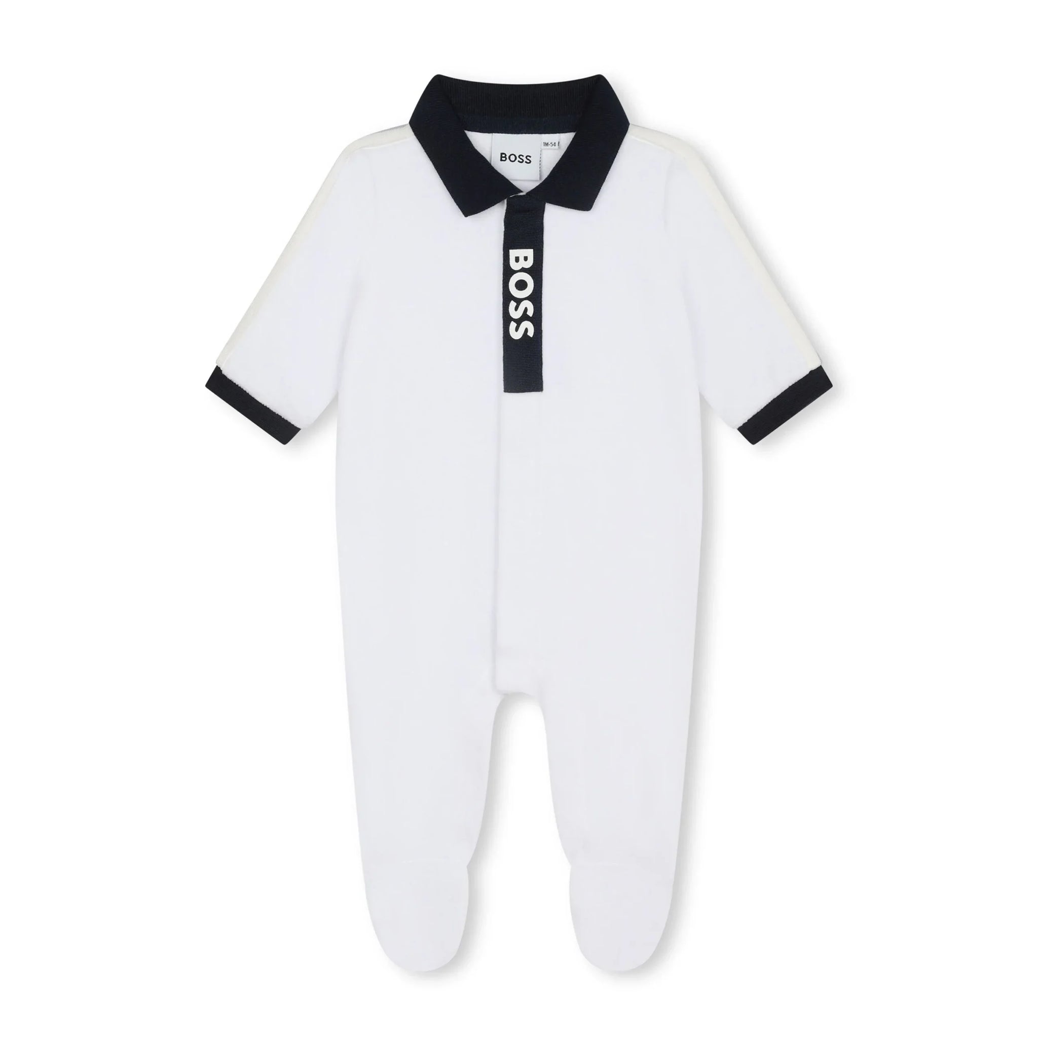 Luxurious BOSS Kidswear white velvet pajamas featuring a stylish contrasting collar and logo print. Designed for ultimate comfort, these premium pajamas offer full foot coverage and convenient press-stud fastenings, making them ideal for easy dressing. Perfect for keeping your little one cozy during sleep, these designer pajamas are a must-have for any child's wardrobe, available at Lestyle Boutique Melbourne.