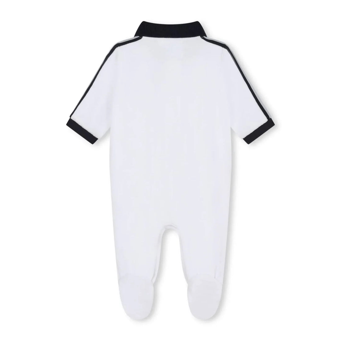 Luxurious BOSS Kidswear white velvet pajamas featuring a stylish contrasting collar and logo print. Designed for ultimate comfort, these premium pajamas offer full foot coverage and convenient press-stud fastenings, making them ideal for easy dressing. Perfect for keeping your little one cozy during sleep, these designer pajamas are a must-have for any child's wardrobe, available at Lestyle Boutique Melbourne.