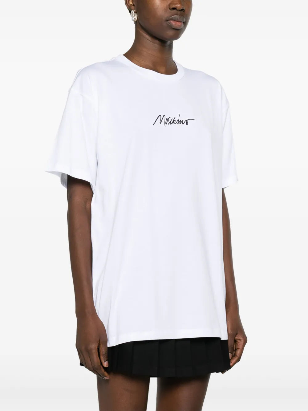 Moschino logo-embroidered cotton T-shirt featuring a cursive front logo, white, available at Lestyle Boutique Melbourne