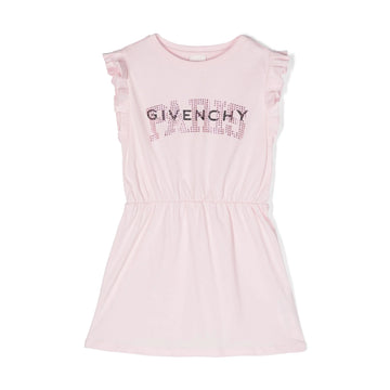 Pink Givenchy Kids rhinestoned ruffled logo-print dress with a flared skirt, available at Lestyle Boutique Melbourne.