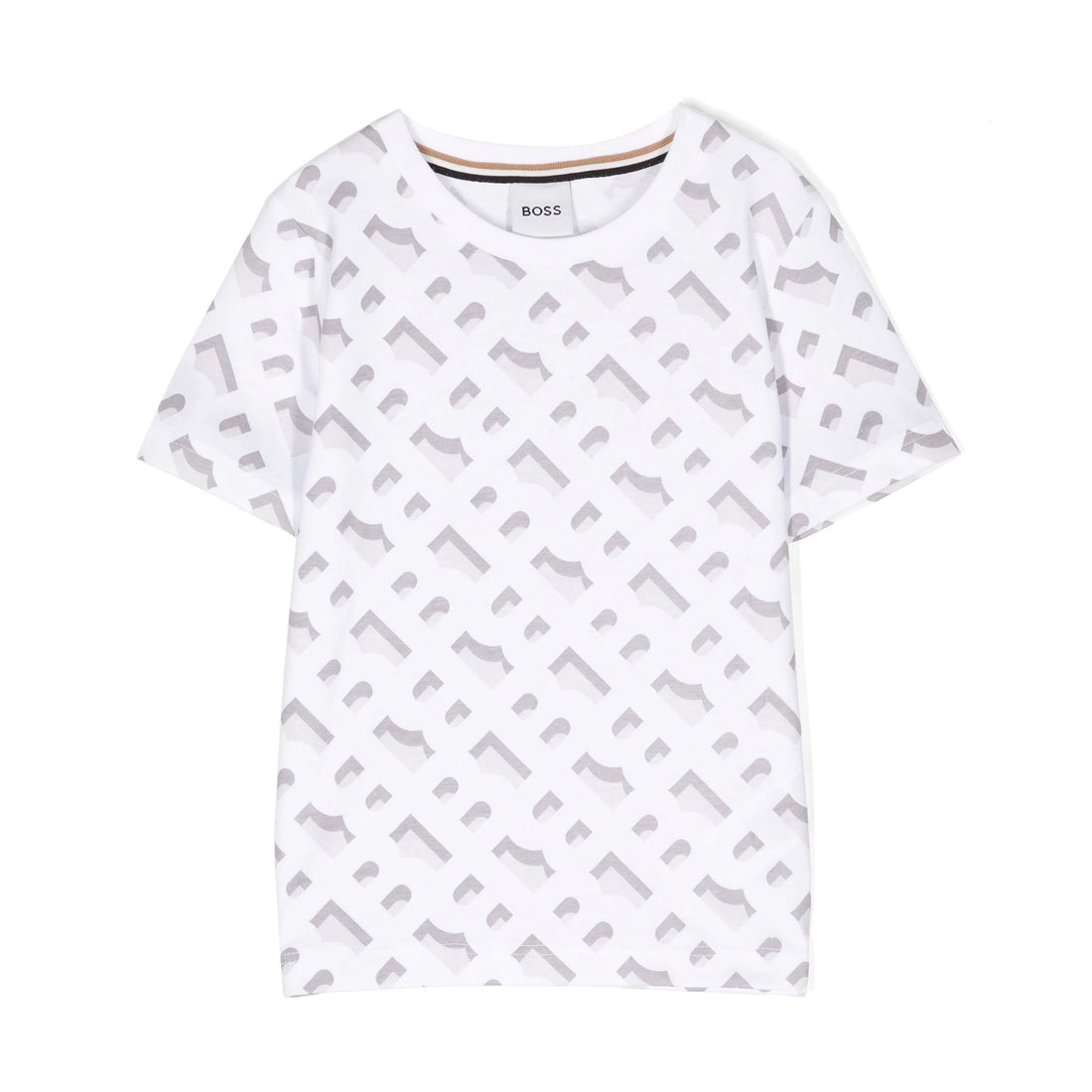 BOSS Kidswear logo-print cotton T-shirt in white, showcasing a stylish all-over logo pattern, available at Lestyle Boutique Melbourne.