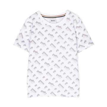 BOSS Kidswear logo-print cotton T-shirt in white, showcasing a stylish all-over logo pattern, available at Lestyle Boutique Melbourne.