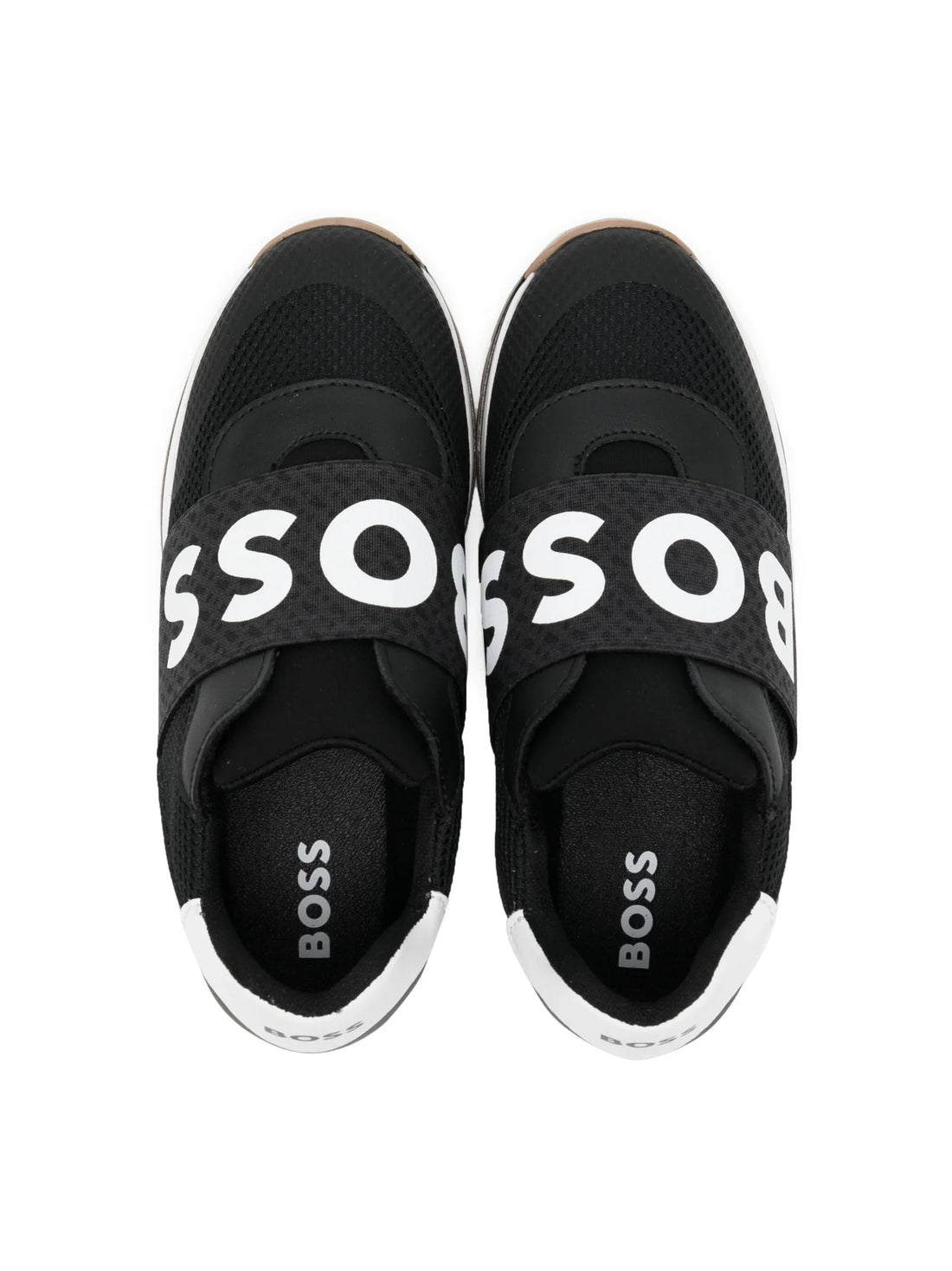BOSS Kidswear logo-strap sneakers in black and white, featuring a stylish retro running silhouette. The elasticated logo strap provides easy slip-on access, making them perfect for active kids. With a reinforced toe and padded ankle. Ideal for casual outings or playdates, these sneakers combine luxury and practicality, available at Lestyle Boutique Melbourne.