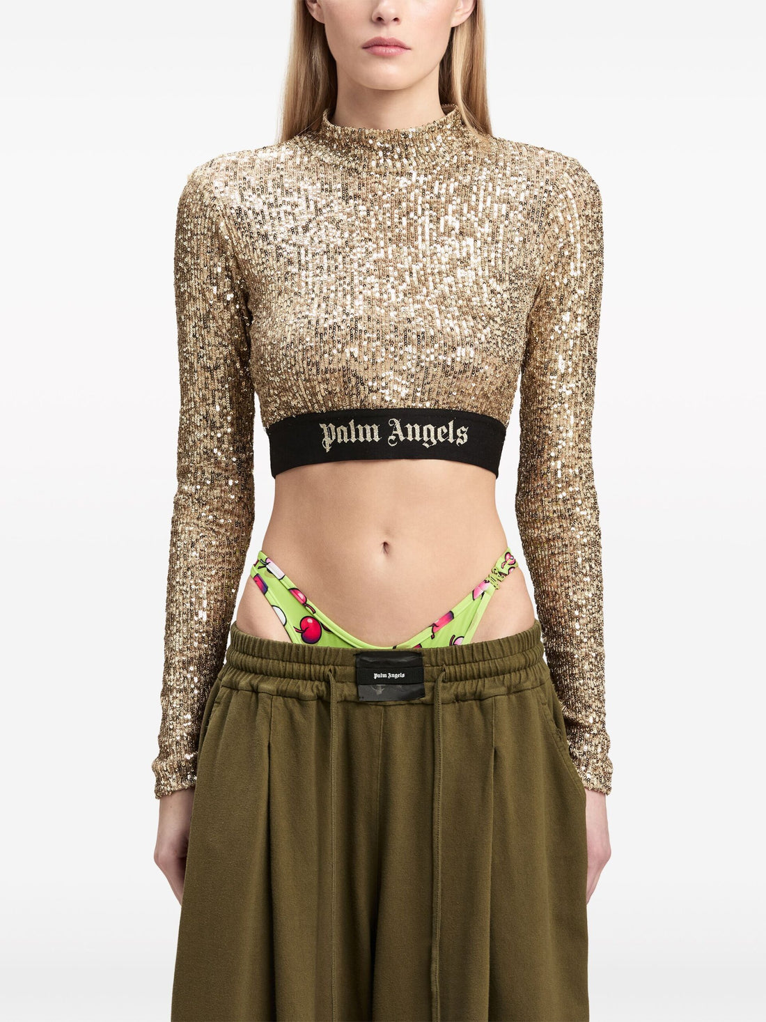 Palm Angels gold sequin-design long-sleeve top with logo underband, available at Lestyle Boutique Melbourne.