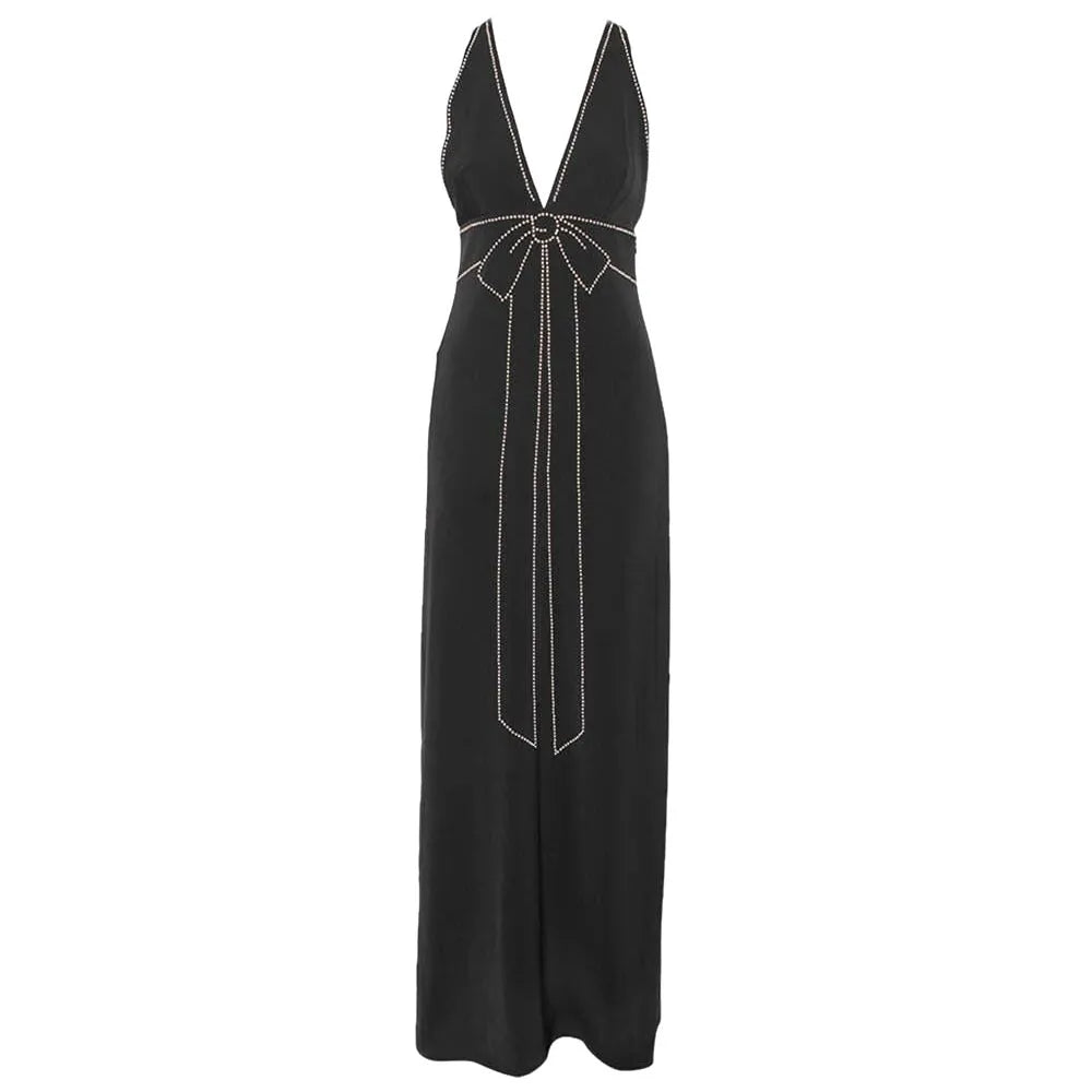 Boutique Moschino black sleeveless crepe gown featuring a plunging bow neckline, contrast embellishments, and floor-length hem, available at Lestyle Boutique 136 Little Collins St.
