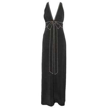 Boutique Moschino black sleeveless crepe gown featuring a plunging bow neckline, contrast embellishments, and floor-length hem, available at Lestyle Boutique 136 Little Collins St.