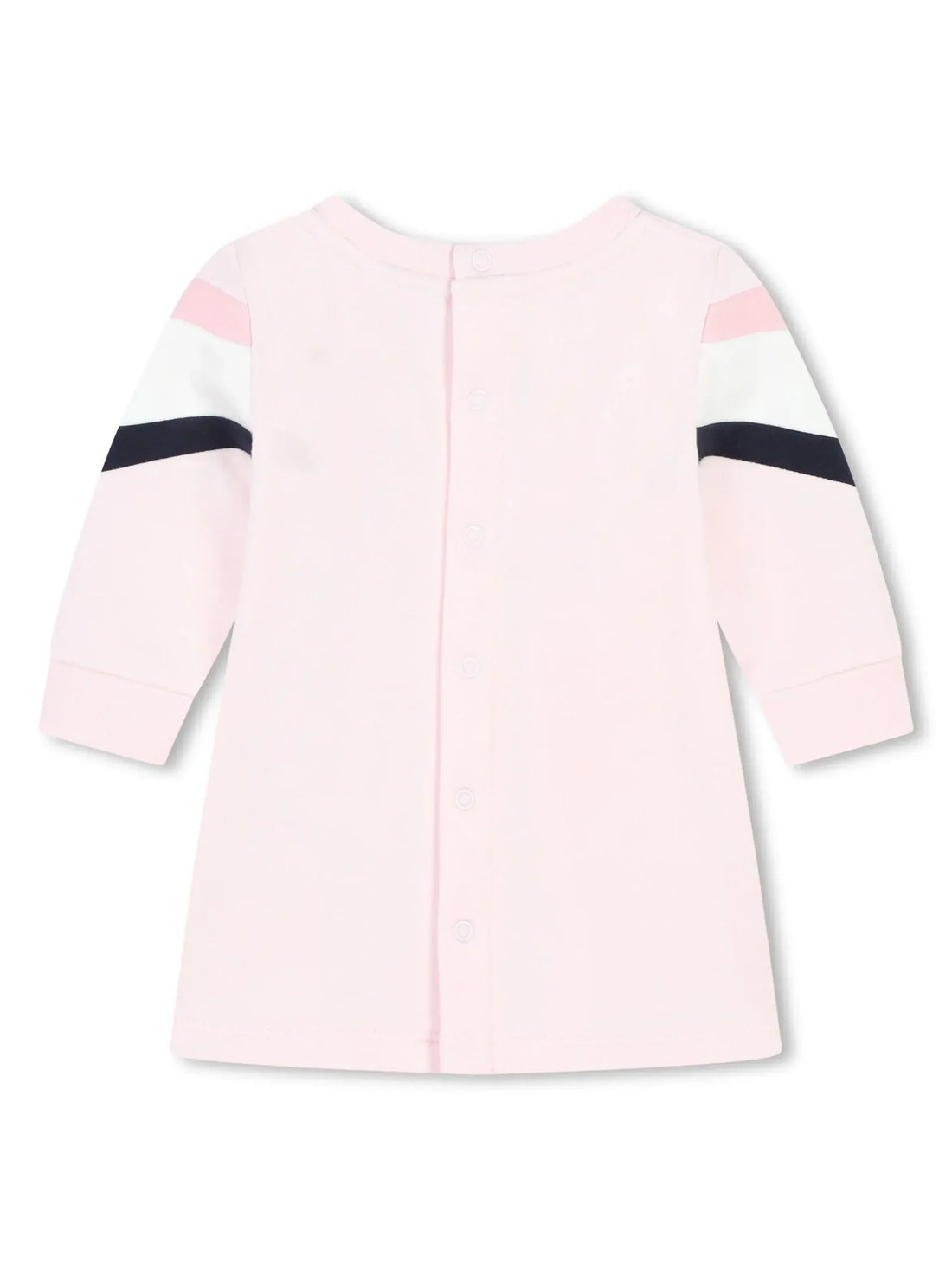 Charming BOSS Kidswear light pink long-sleeve dress featuring navy and white stripe detailing. This stylish piece is crafted from a premium organic cotton blend, ensuring comfort and breathability for your little one. The dress showcases a classic crew neck design and is perfect for casual outings or special occasions. Designed for baby girls, it combines playful elegance with practicality, making it an essential addition to any young wardrobe, available at Lestyle Boutique Melbourne.