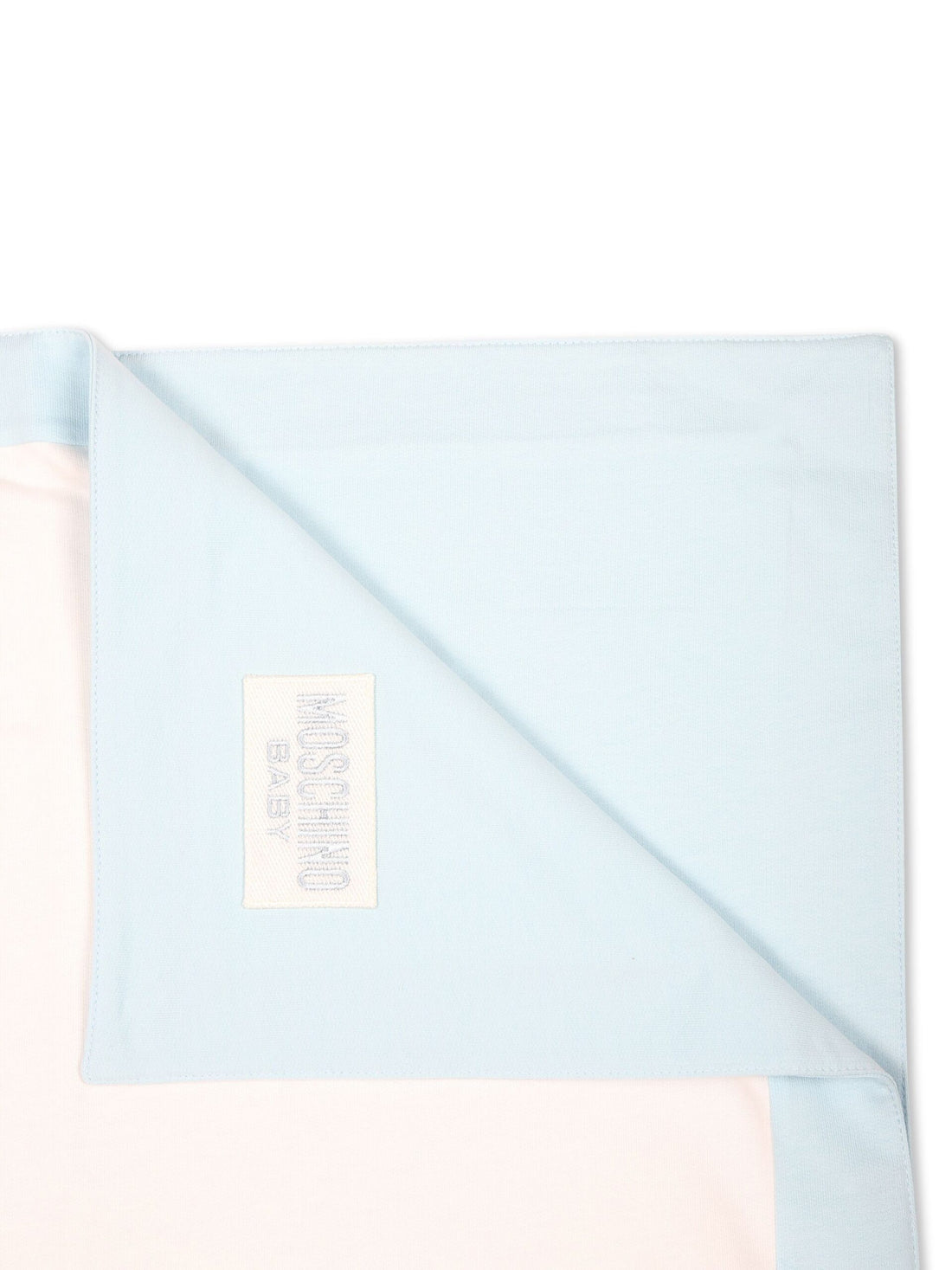Moschino Kids cotton blanket in white with a blue border featuring a teddy bear print, available at Lestyle Boutique Melbourne.
