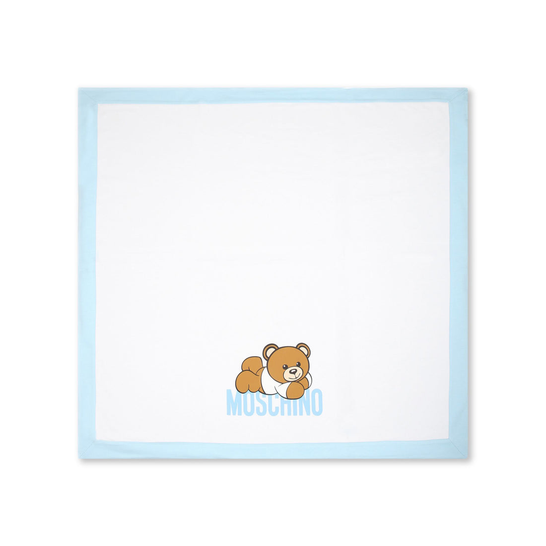 Moschino Kids cotton blanket in white with a blue border featuring a teddy bear print, available at Lestyle Boutique Melbourne.