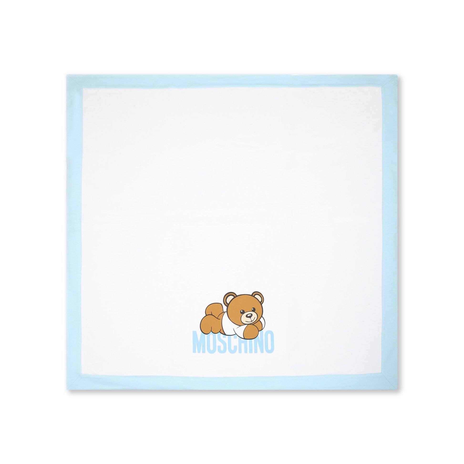 Moschino Kids cotton blanket in white with a blue border featuring a teddy bear print, available at Lestyle Boutique Melbourne.