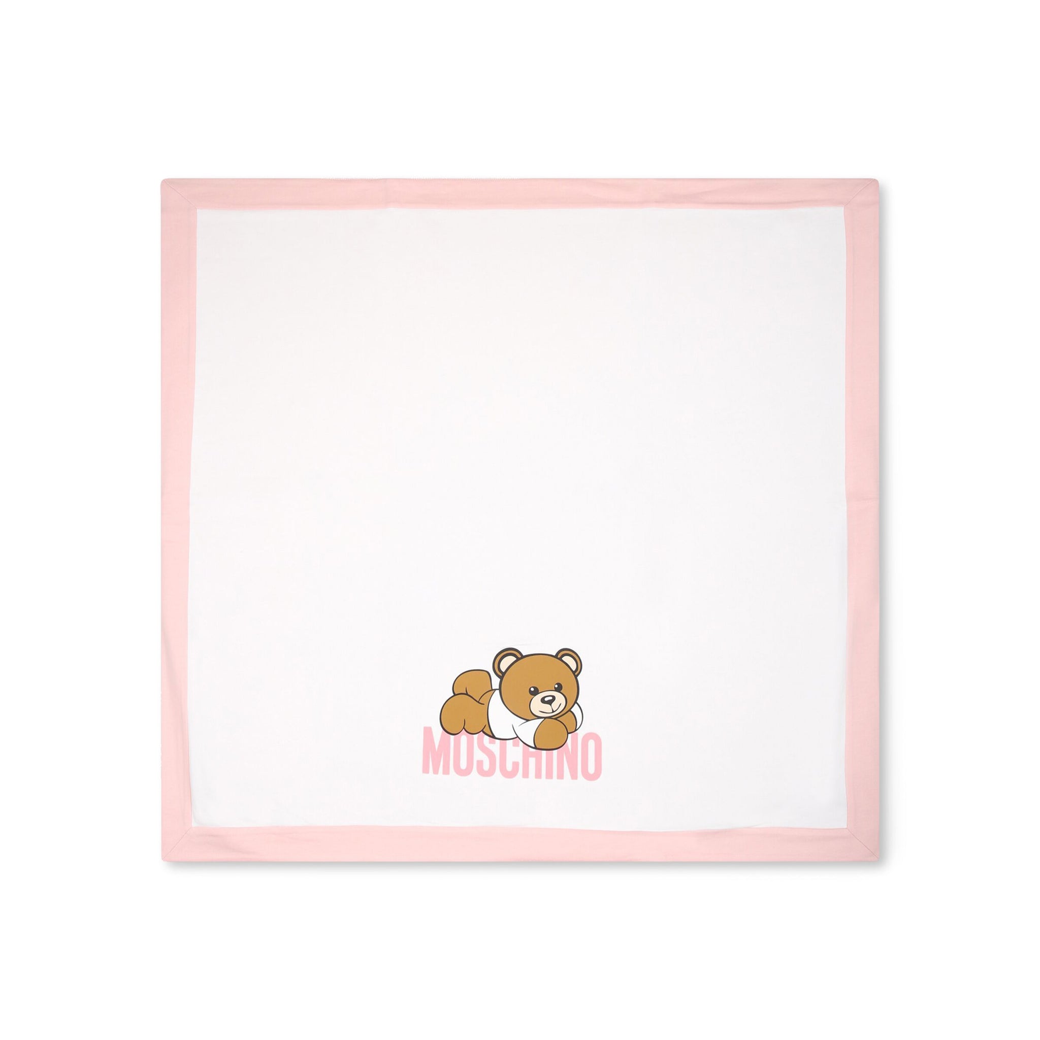 Moschino Kids cotton blanket in white with a pink border featuring a teddy bear print, available at Lestyle Boutique Melbourne.