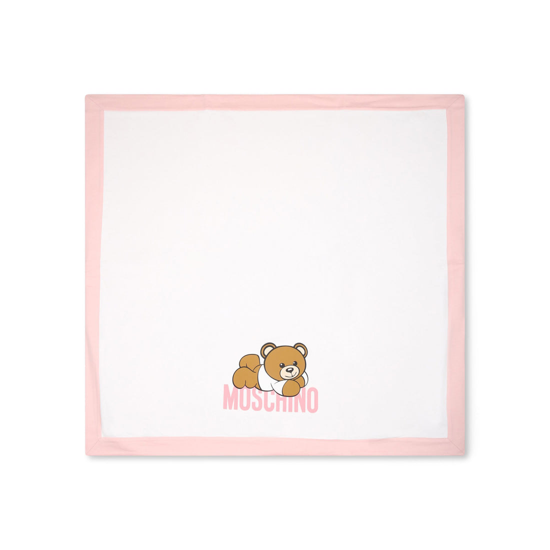 Moschino Kids cotton blanket in white with a pink border featuring a teddy bear print, available at Lestyle Boutique Melbourne.