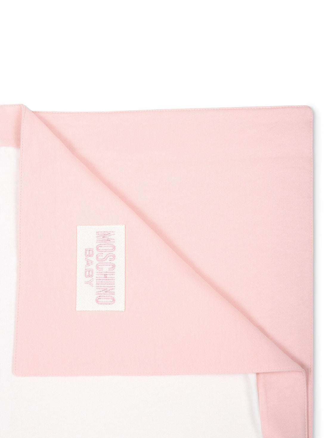 Moschino Kids cotton blanket in white with a pink border featuring a teddy bear print, available at Lestyle Boutique Melbourne.