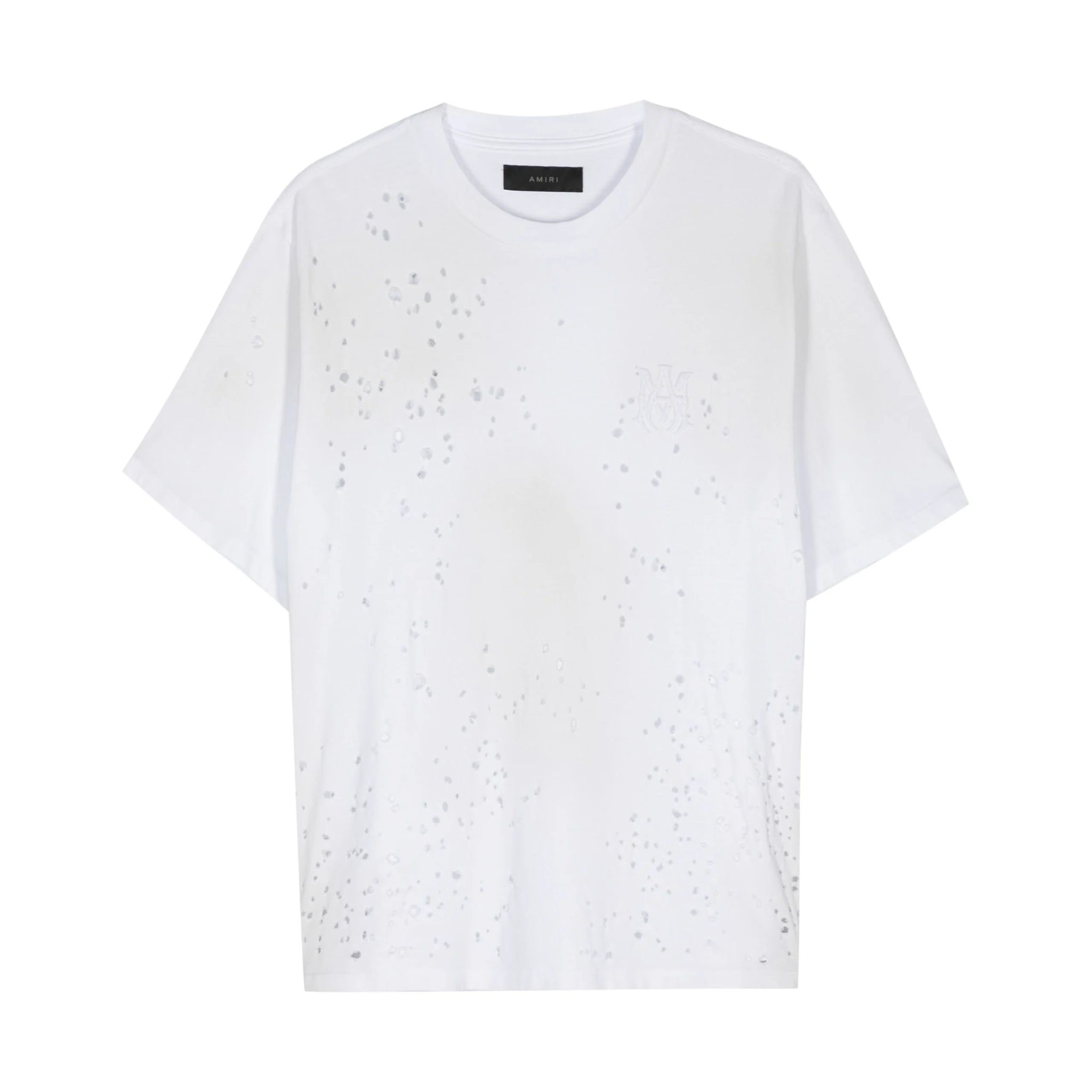 An optical white cotton t-shirt by AMIRI, available at Lestyle Boutique. Featuring a distressed shotgun effect and tonal embroidered logo, this tee blends modern design with a bold aesthetic.
