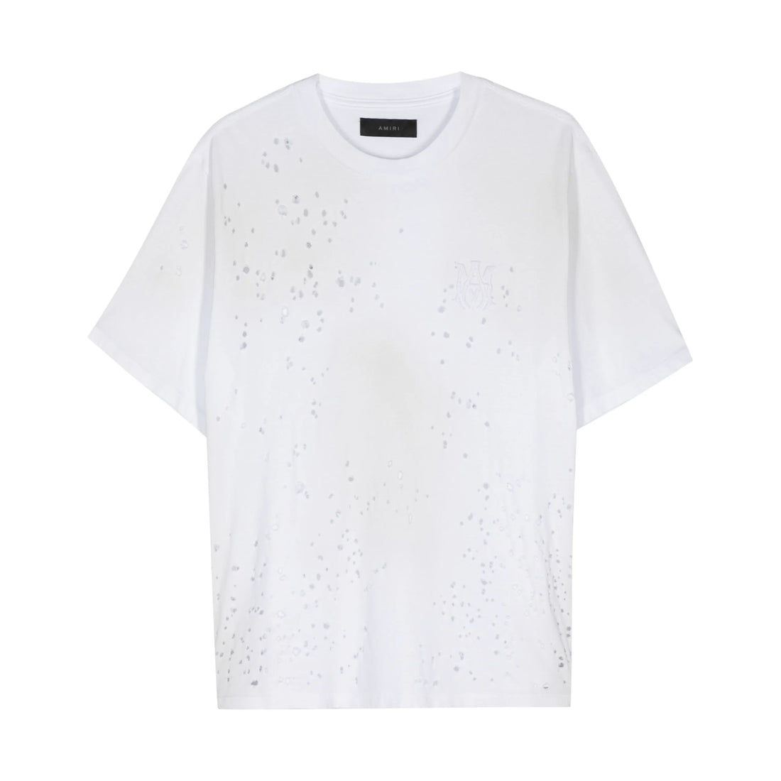 An optical white cotton t-shirt by AMIRI, available at Lestyle Boutique. Featuring a distressed shotgun effect and tonal embroidered logo, this tee blends modern design with a bold aesthetic.