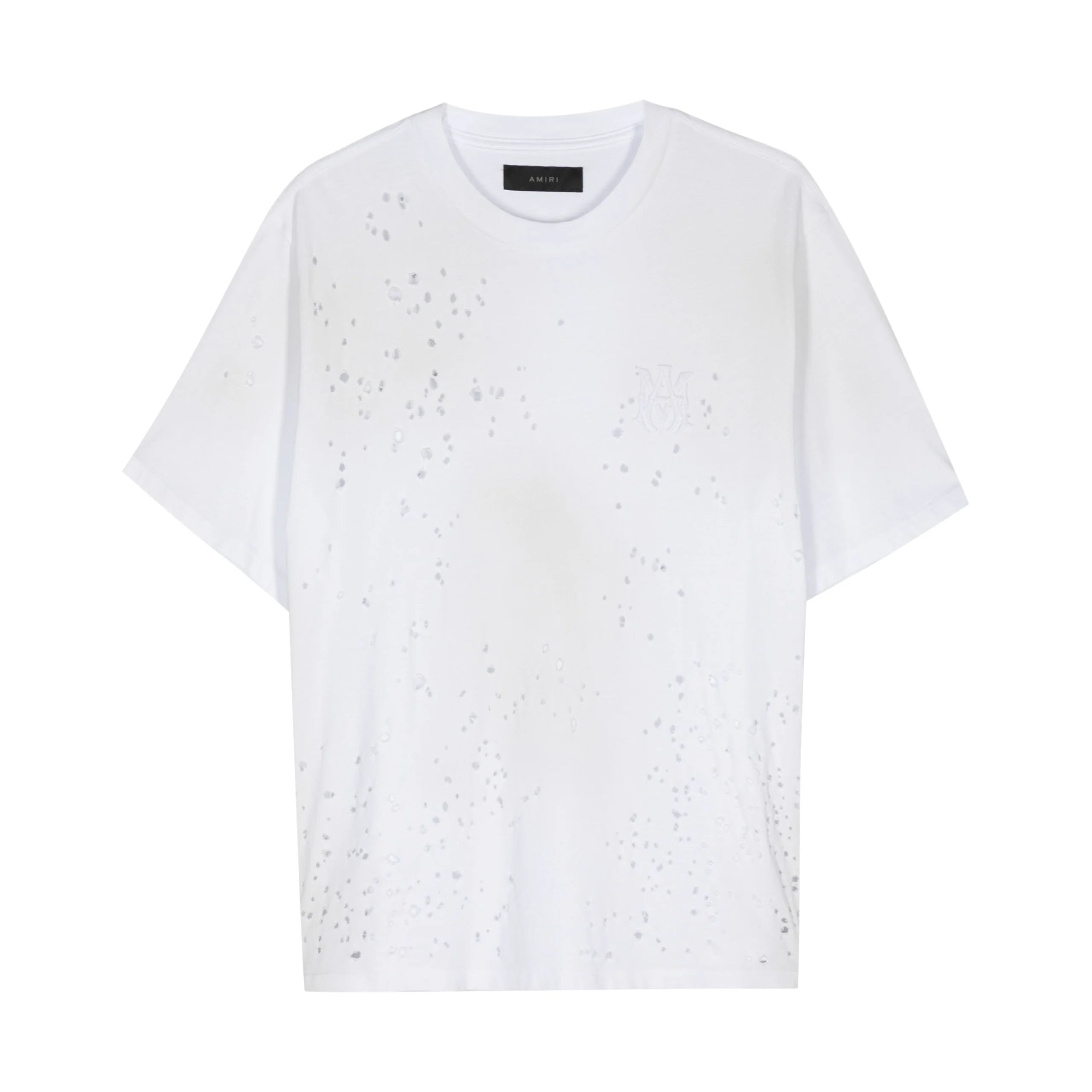 An optical white cotton t-shirt by AMIRI, available at Lestyle Boutique. Featuring a distressed shotgun effect and tonal embroidered logo, this tee blends modern design with a bold aesthetic.