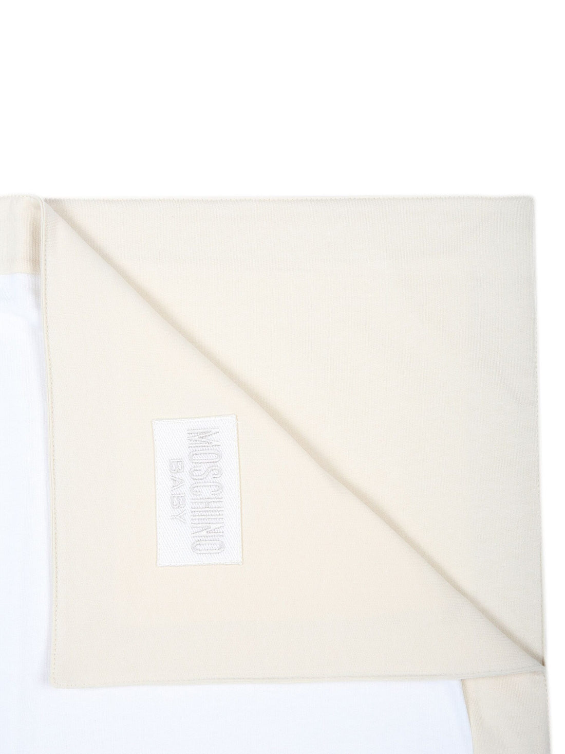 Moschino Kids cotton blanket in white with a beige border featuring a teddy bear print, available at Lestyle Boutique Melbourne.