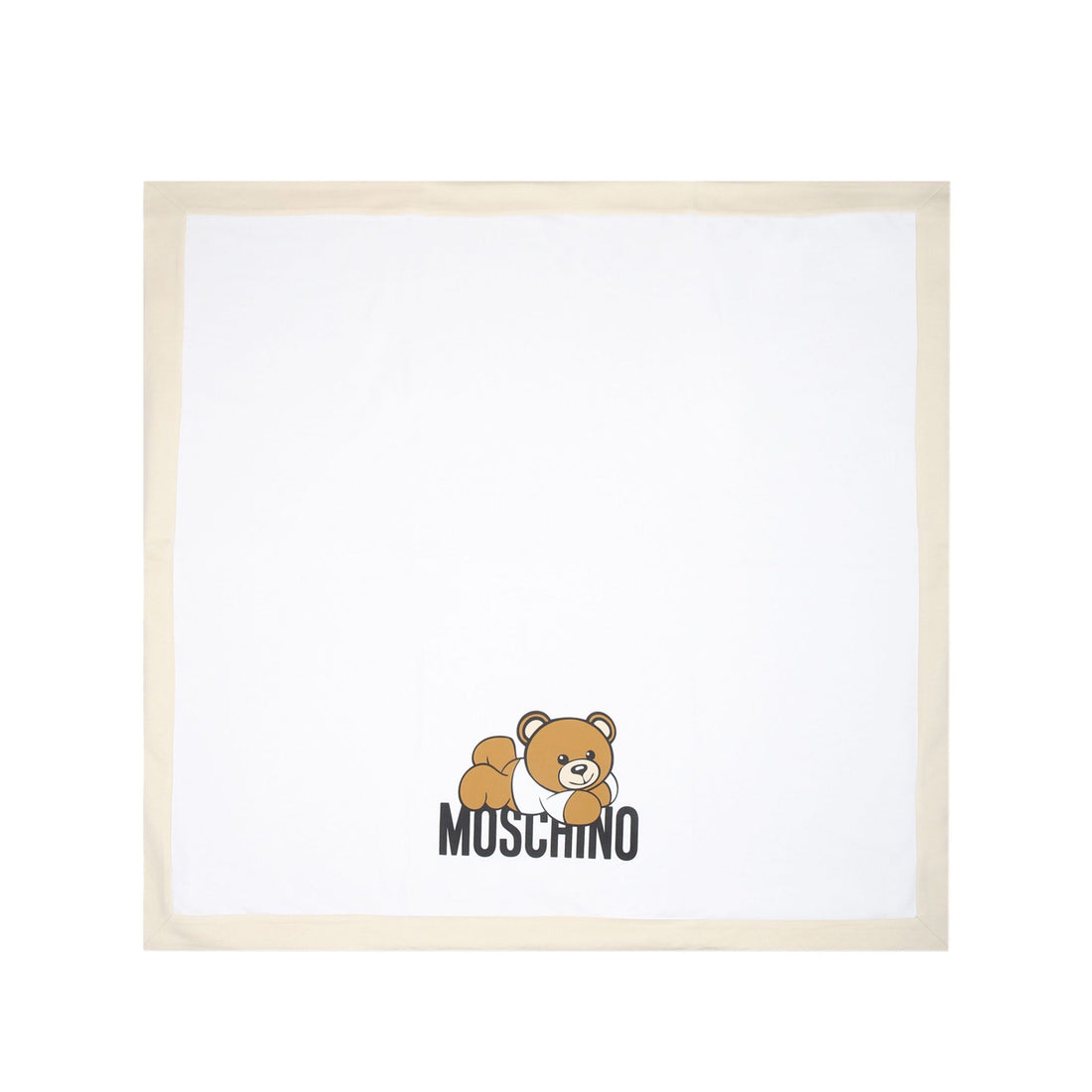 Moschino Kids cotton blanket in white with a beige border featuring a teddy bear print, available at Lestyle Boutique Melbourne.