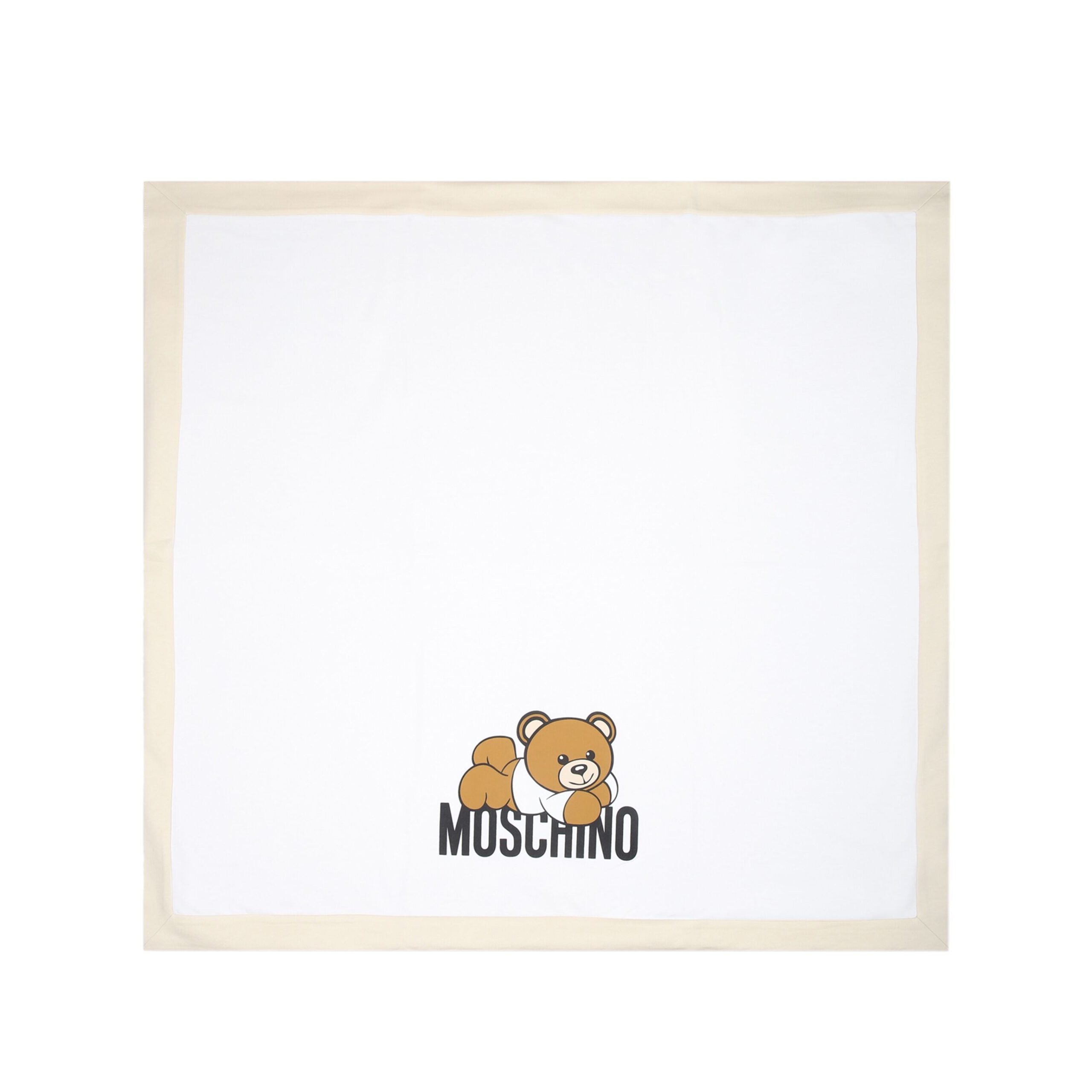 Moschino Kids cotton blanket in white with a beige border featuring a teddy bear print, available at Lestyle Boutique Melbourne.