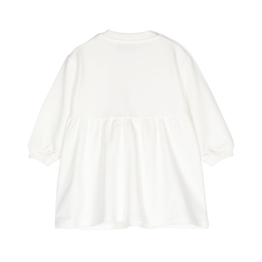 Moschino Kids ivory A-line dress featuring a teddy bear print with gold hearts and heart-shaped pockets, available at Lestyle Boutique Melbourne.