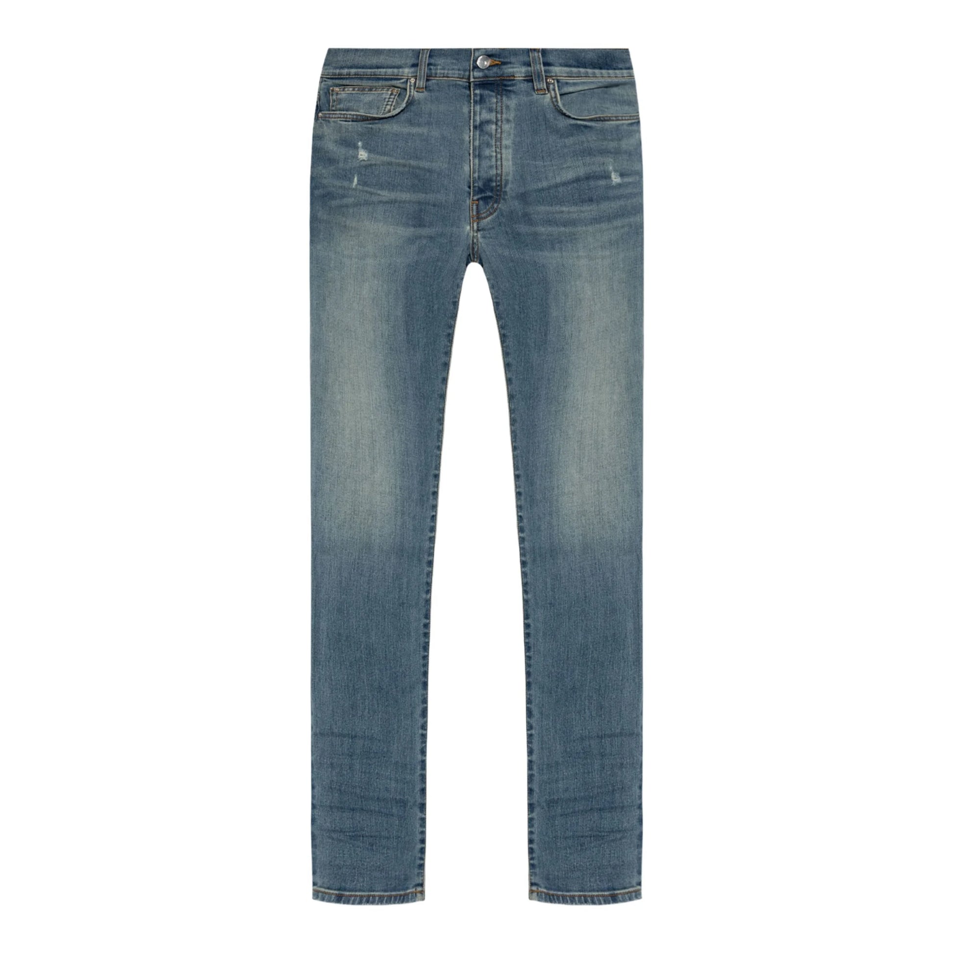 A pair of blue skinny jeans by AMIRI, available at Lestyle Boutique. These low-rise jeans feature a stretch construction, faded detailing, whiskering effects, and a classic five-pocket design for a modern and sleek fit.