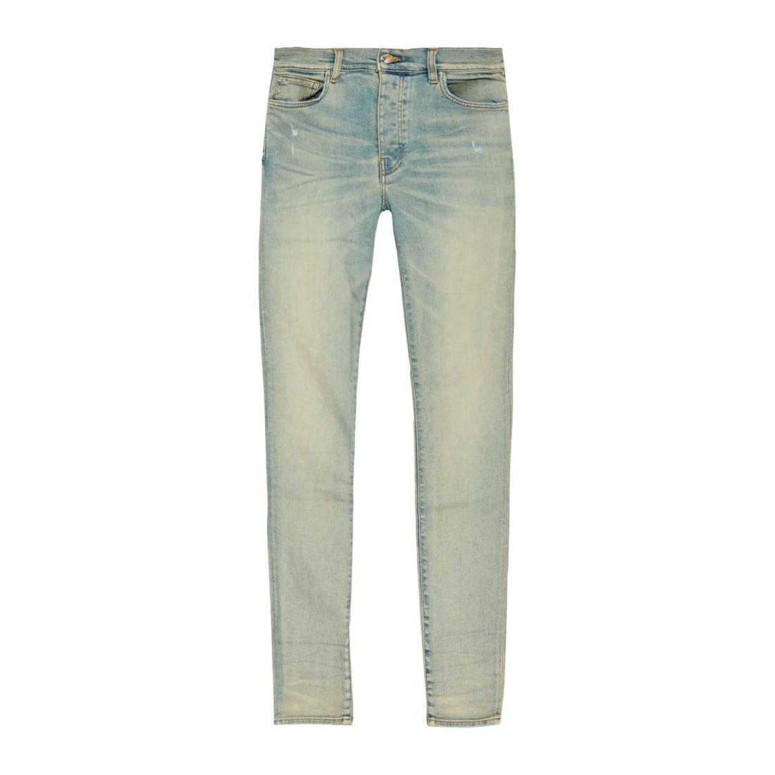 A pair of light blue skinny jeans by AMIRI, available at Lestyle Boutique. These low-rise jeans feature a stretch construction, faded detailing, whiskering effects, and a classic five-pocket design for a stylish, comfortable fit.