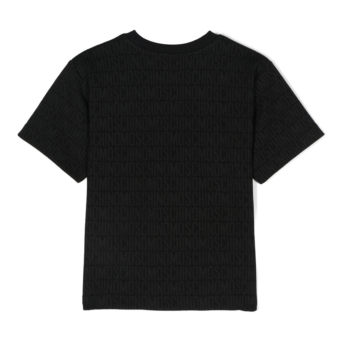 Moschino Kids Logo Intarsia T-Shirt in black featuring an all-over logo knit design, available at Lestyle Boutique Melbourne.