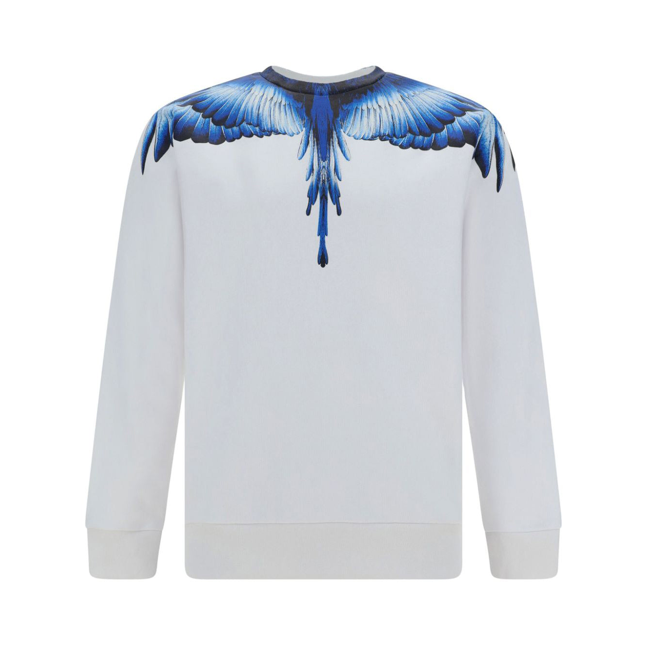 Marcelo Burlon County of Milan white sweatshirt featuring a blue wings graphic, crafted from soft cotton, available at Lestyle Boutique Melbourne.