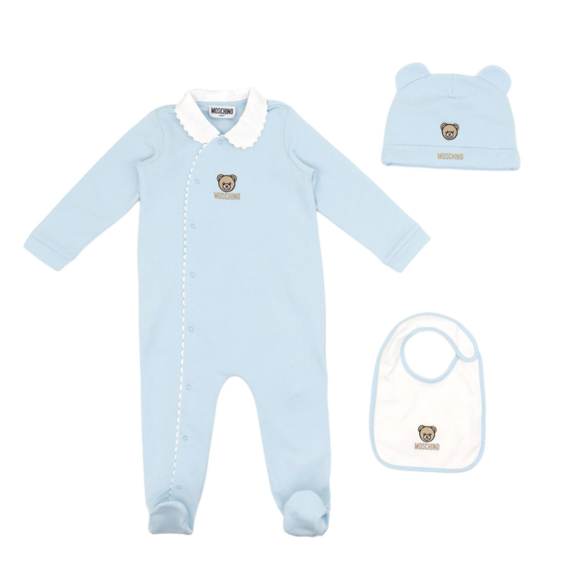 MOSCHINO baby romper set featuring teddy bear logo in pastel blue available at Lestyle Boutique Melbourne