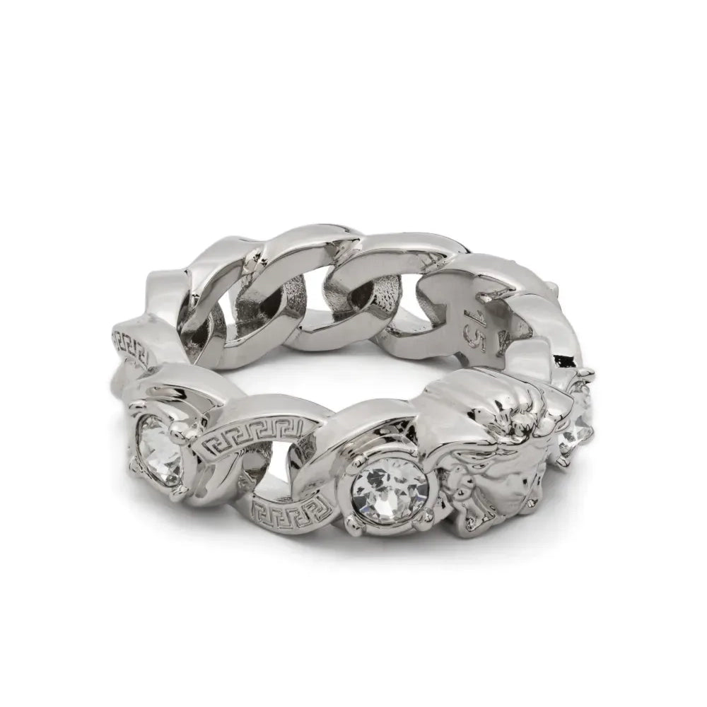 Versace Medusa Head-Motif Ring in silver-tone brass, featuring chain-link detailing, crystal embellishments, and the signature Medusa head design, available at Lestyle Boutique.