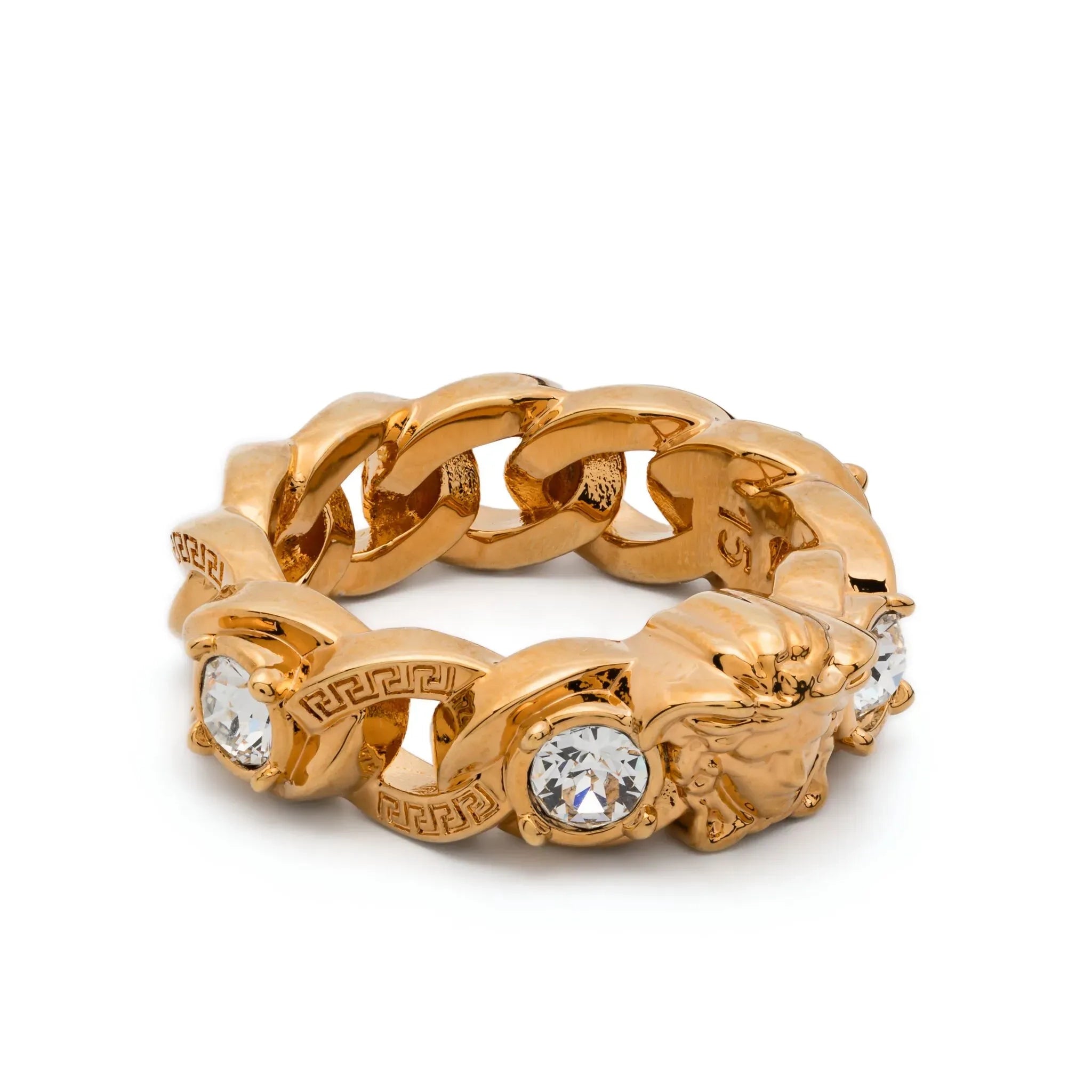 Versace Medusa Head-Motif Ring in gold-tone plated brass with chain-link detailing, crystal embellishments, and signature Medusa head design, available at Lestyle Boutique.