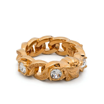 Versace Medusa Head-Motif Ring in gold-tone plated brass with chain-link detailing, crystal embellishments, and signature Medusa head design, available at Lestyle Boutique.