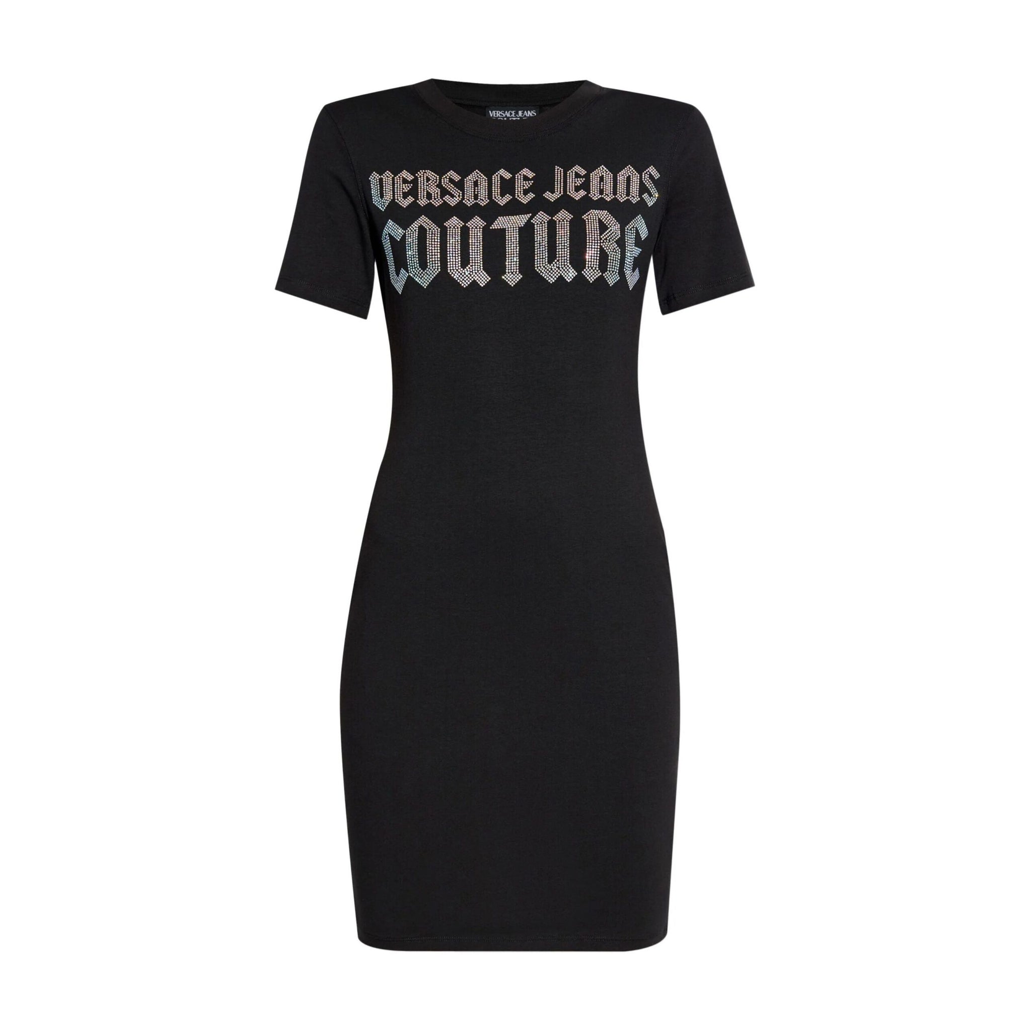 Versace Jeans Couture black logo embellished mini dress, available at Lestyle Boutique Melbourne. A bold and stylish choice for special occasions.