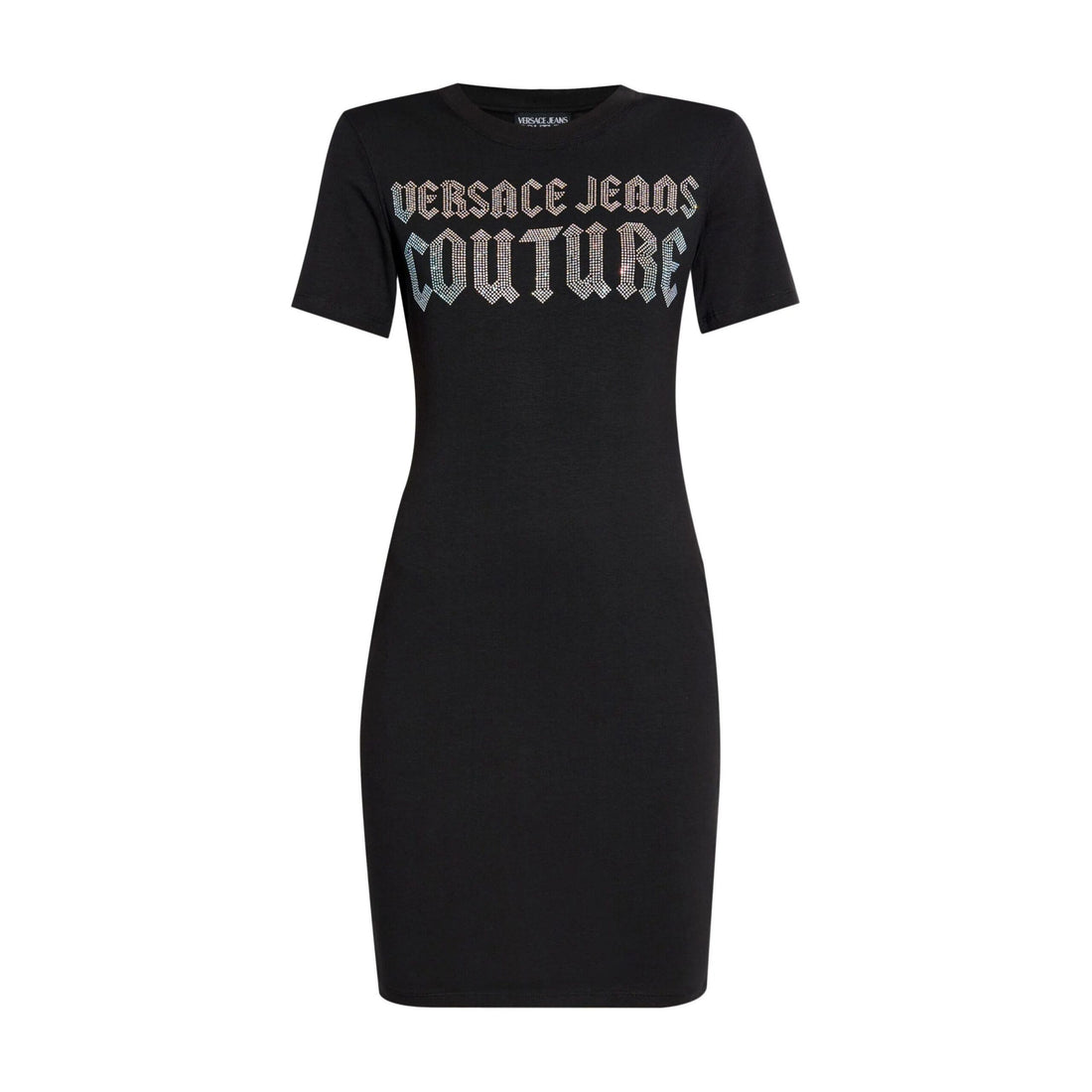 Versace Jeans Couture black logo embellished mini dress, available at Lestyle Boutique Melbourne. A bold and stylish choice for special occasions.