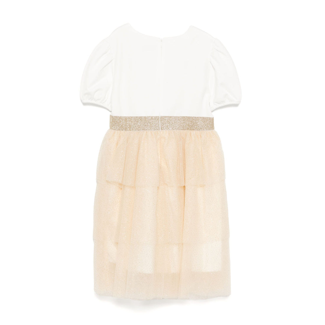 Moschino Kids Logo Patch Dress in ivory and beige with a glittery skirt and cute teddy logo patch, available at Lestyle Boutique Melbourne.