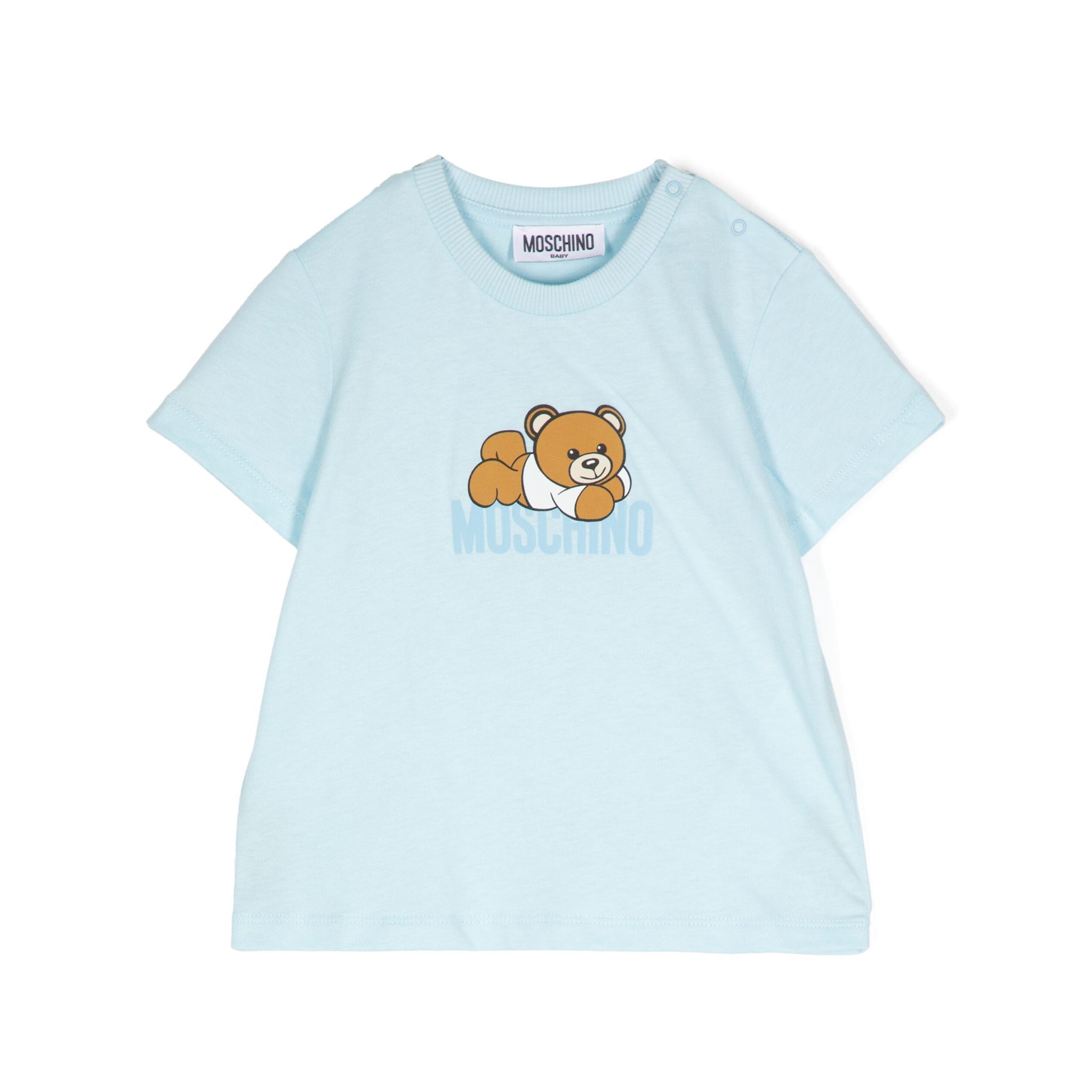 Moschino Kids light blue T-shirt with teddy bear motif, crafted from soft cotton, available at Lestyle Boutique Melbourne.
