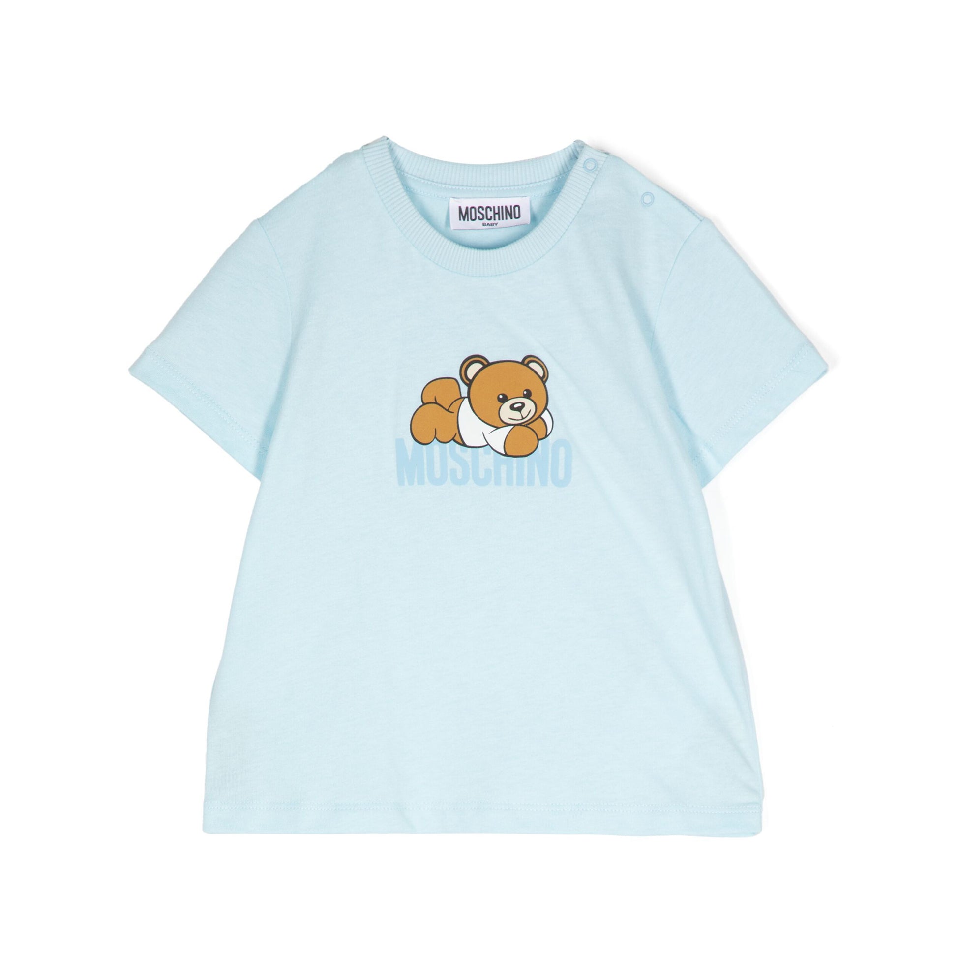 Moschino Kids light blue T-shirt with teddy bear motif, crafted from soft cotton, available at Lestyle Boutique Melbourne.