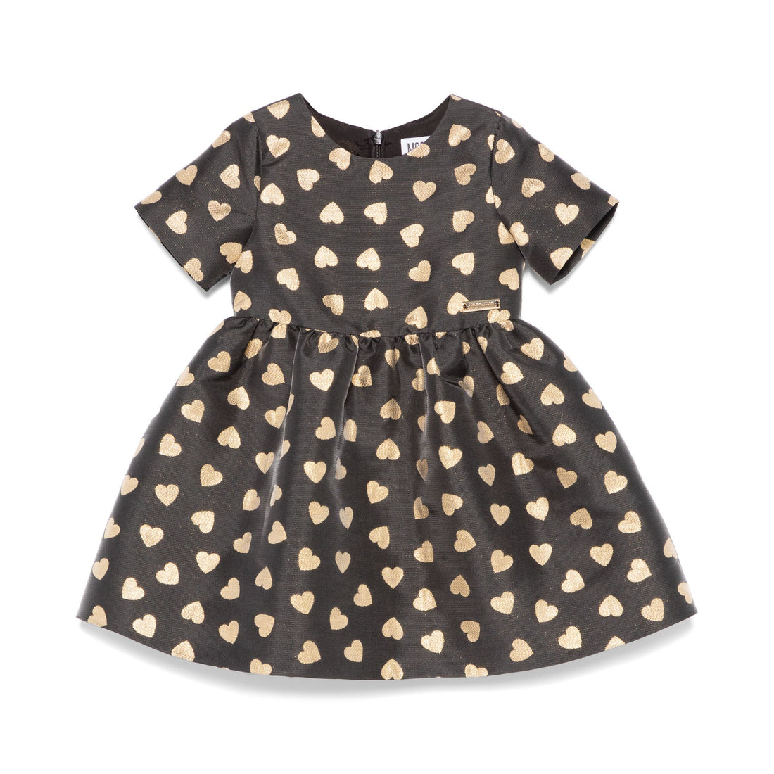 Moschino Kids heart-pattern dress in black with gold metallic hearts, perfect for adding sparkle to a child's wardrobe, available at Lestyle Boutique Melbourne.