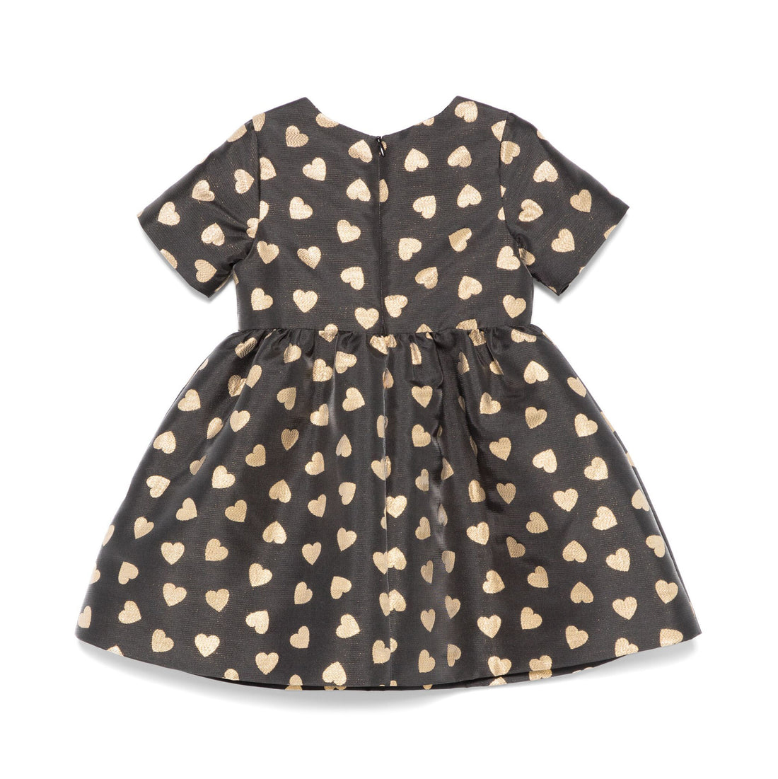 Moschino Kids heart-pattern dress in black with gold metallic hearts, perfect for adding sparkle to a child's wardrobe, available at Lestyle Boutique Melbourne.