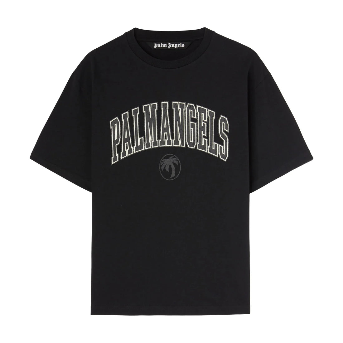 Palm Angels College Logo T-shirt in black with a crewneck and bold logo print on the chest, available at Lestyle Boutique.