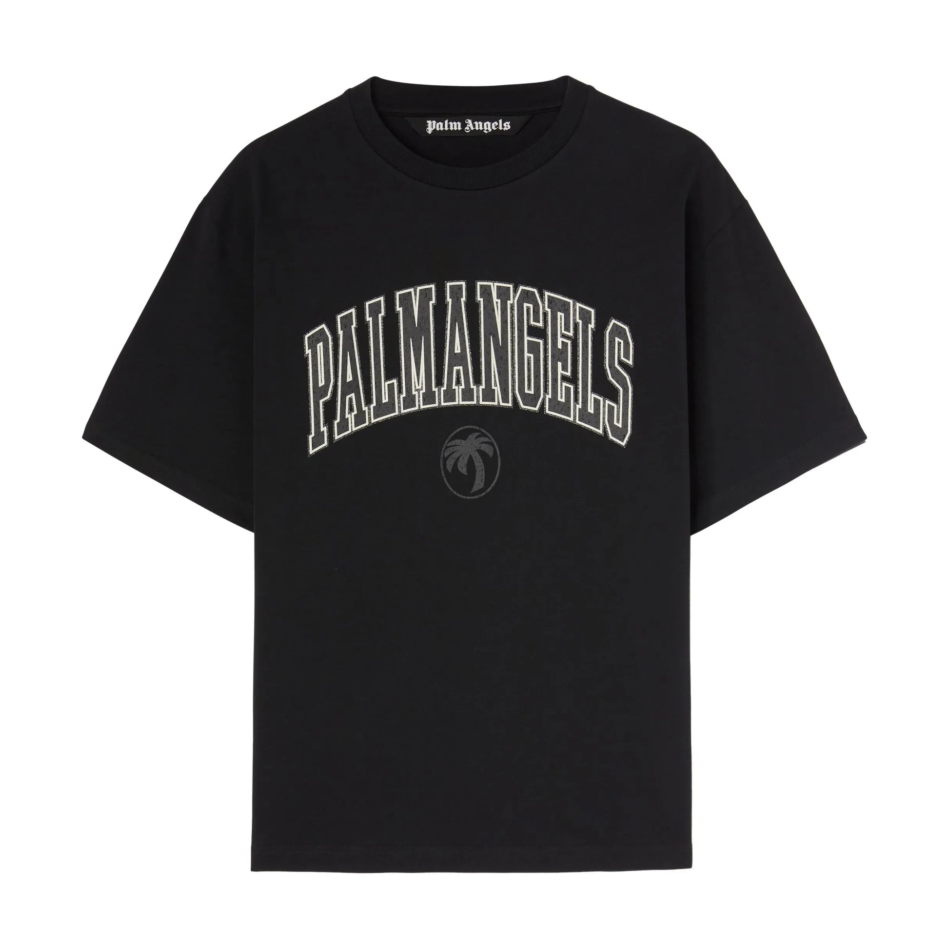 Palm Angels College Logo T-shirt in black with a crewneck and bold logo print on the chest, available at Lestyle Boutique.