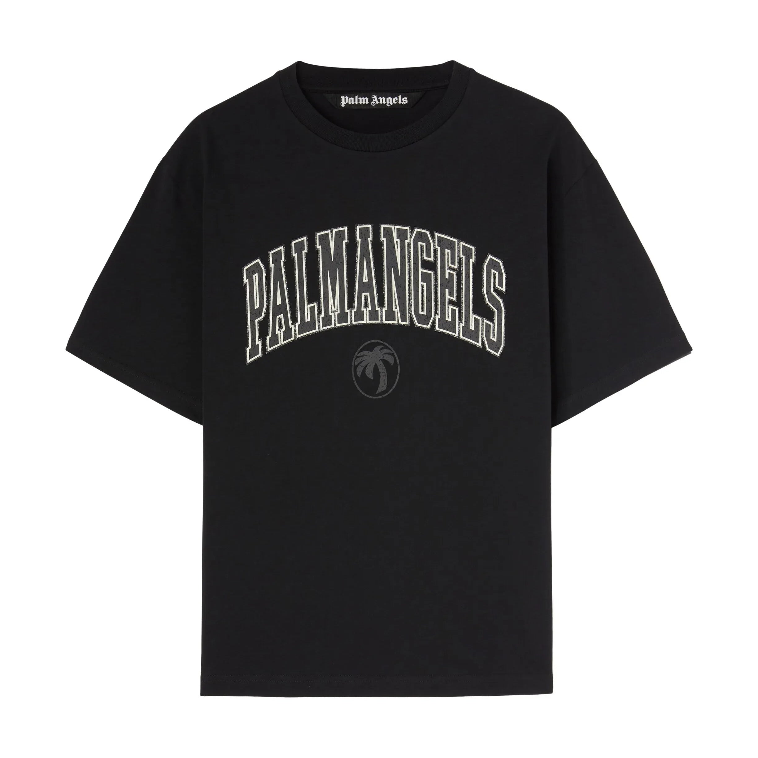 Palm Angels College Logo T-shirt in black with a crewneck and bold logo print on the chest, available at Lestyle Boutique.