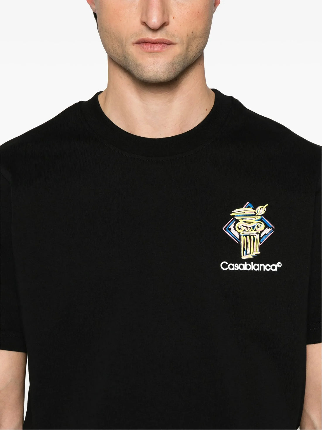 Casablanca Printed T-Shirt in Black, featuring a bold logo print on the front and back, available at Lestyle Boutique.