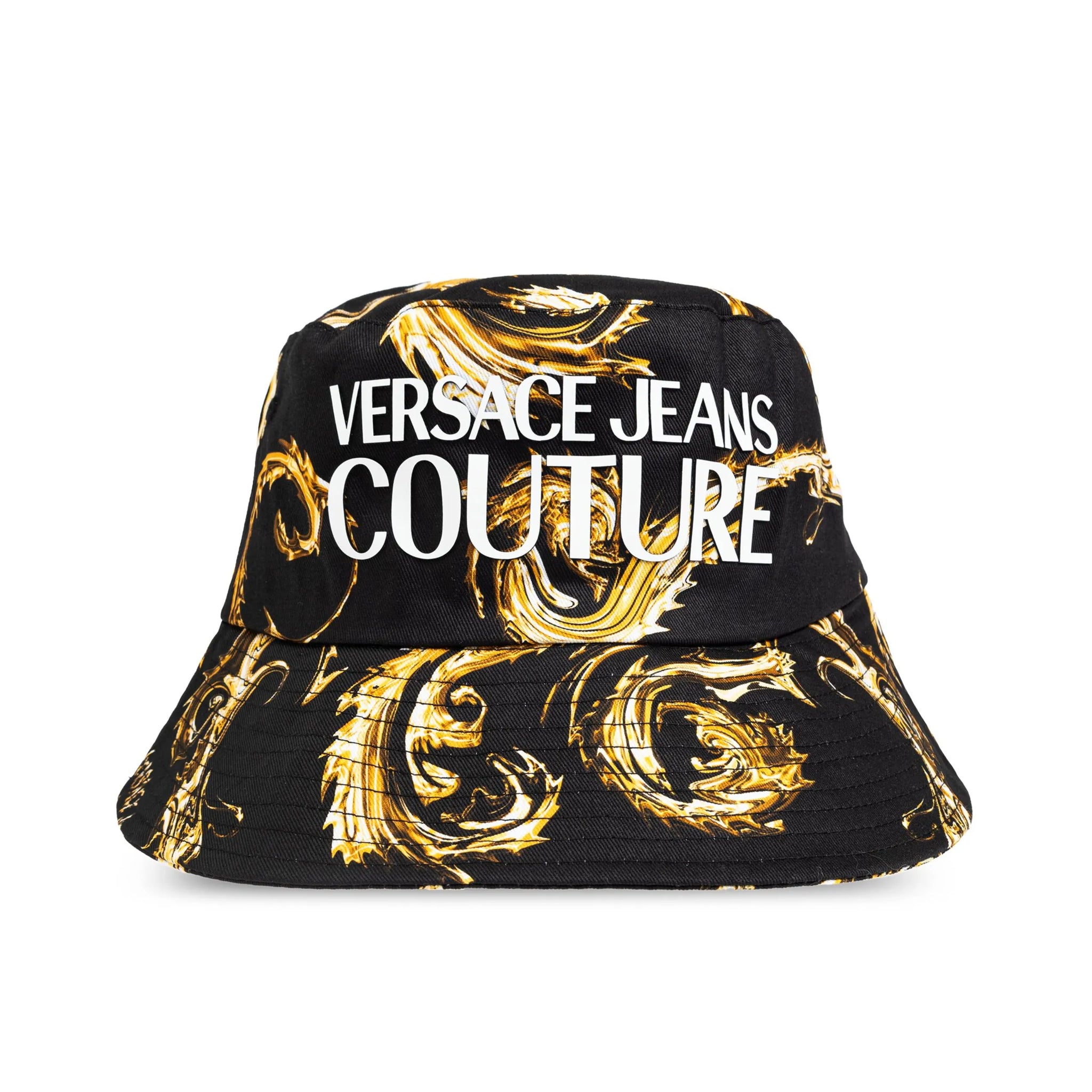Versace Jeans Couture Black Bucket Hat featuring the iconic Barocco print in gold with a bold logo, offering a chic and modern accessory for elevated casual looks, available at Lestyle Boutique.