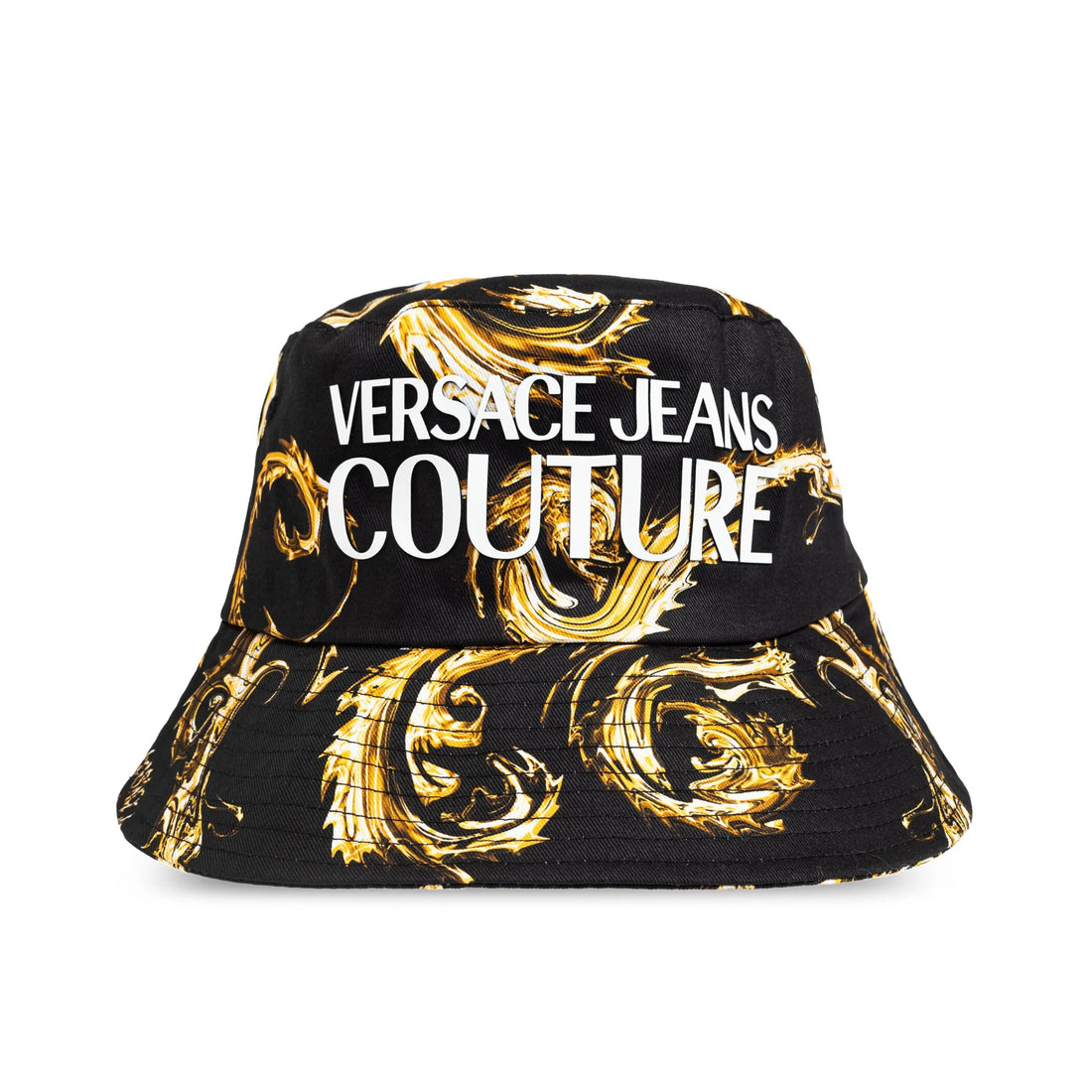 Versace Jeans Couture Black Bucket Hat featuring the iconic Barocco print in gold with a bold logo, offering a chic and modern accessory for elevated casual looks, available at Lestyle Boutique.