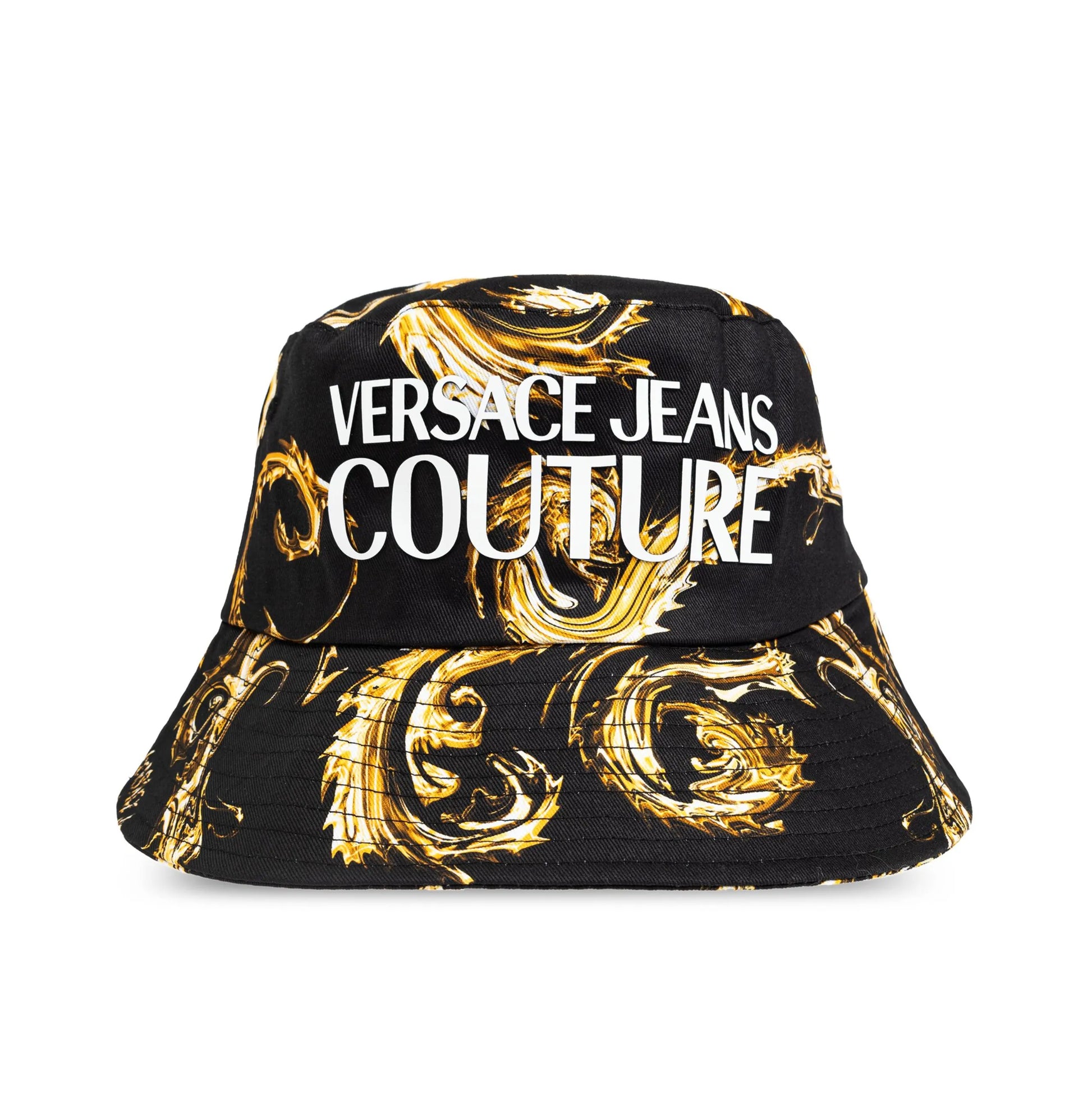Versace Jeans Couture Black Bucket Hat featuring the iconic Barocco print in gold with a bold logo, offering a chic and modern accessory for elevated casual looks, available at Lestyle Boutique.