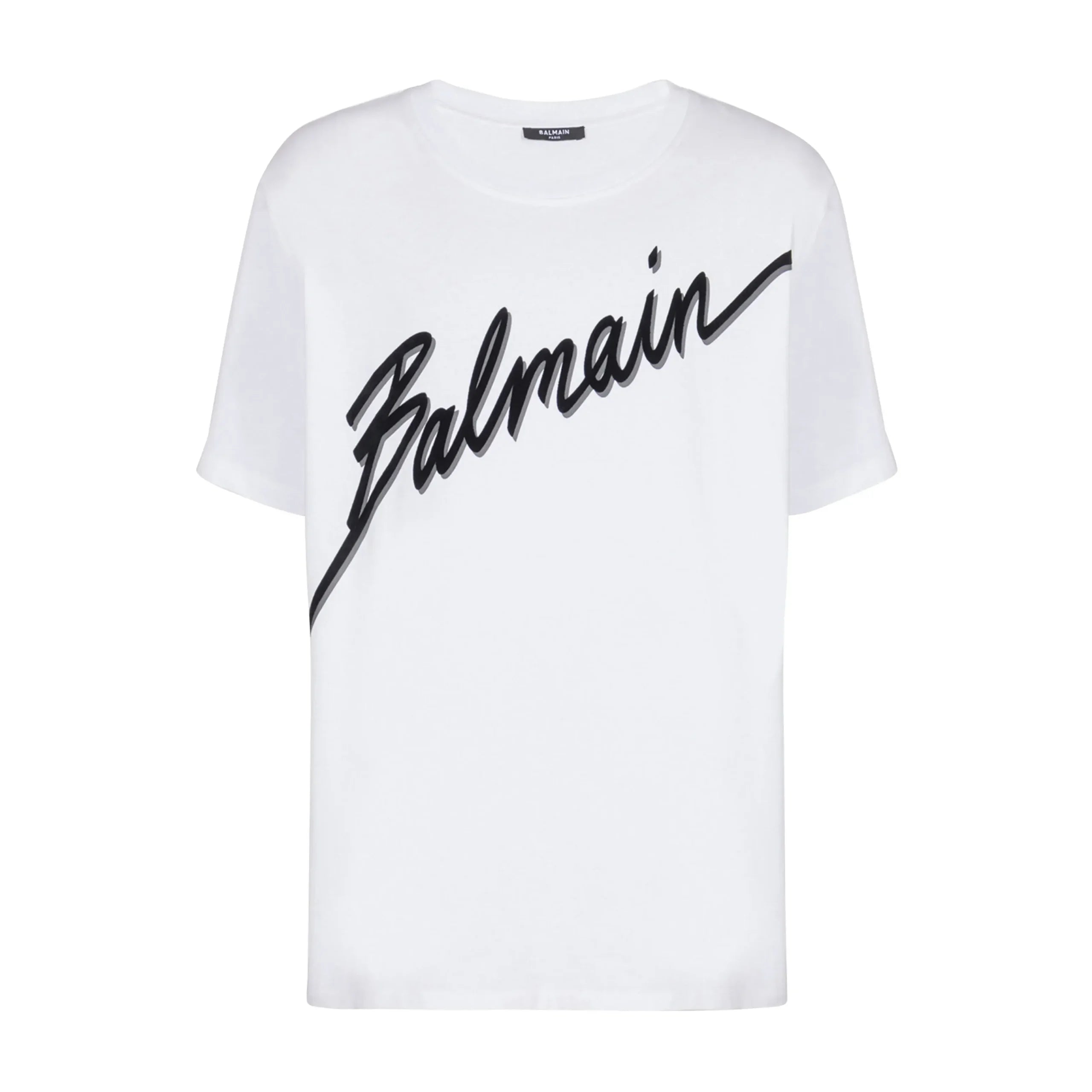 Balmain white cotton T-shirt featuring a bold logo print on the front, a crew neck, and short sleeves, available at Lestyle Boutique.